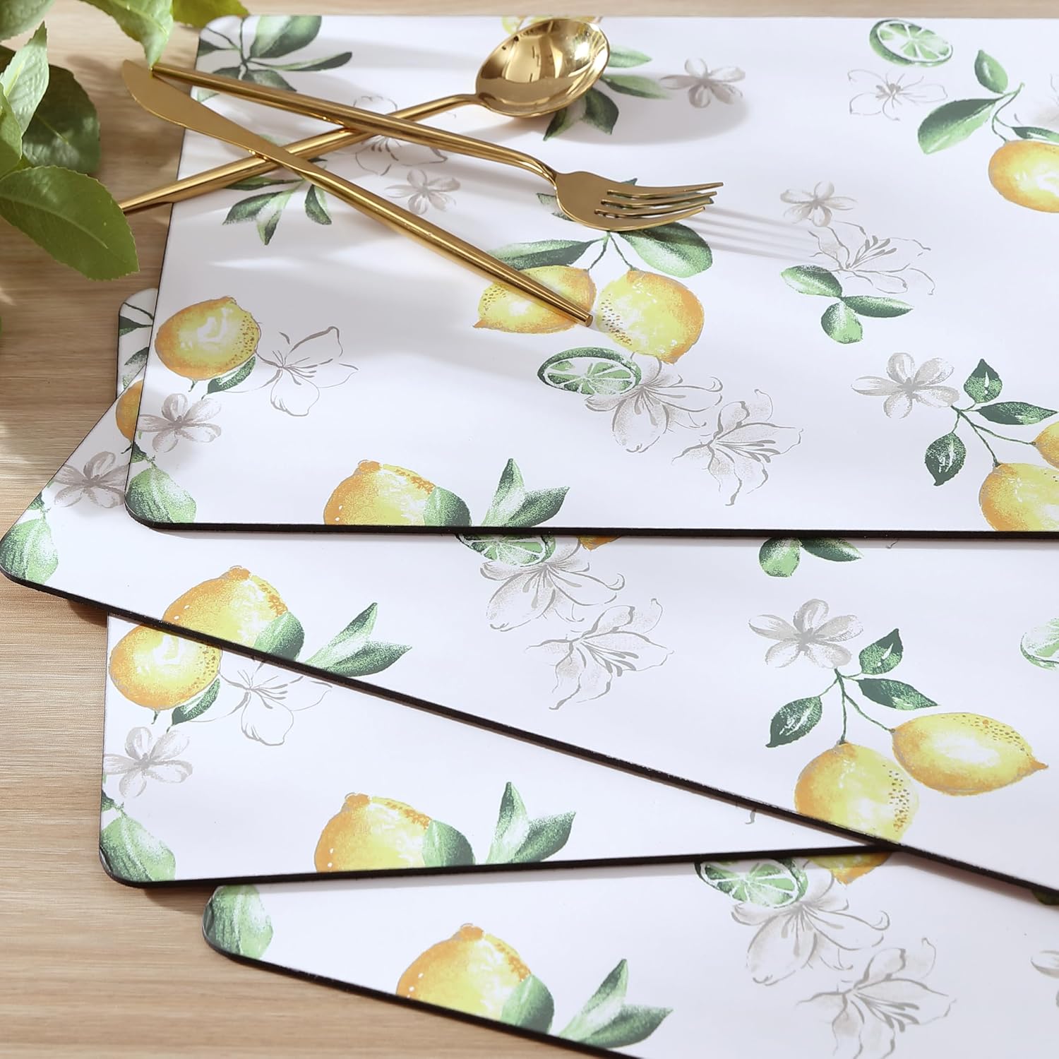 Laura Ashley Cork Placemats 16 x 12-inch for Kitchen and Dining Tables, Heat Resistant, Durable, Easy Clean, Set of 4, Lemon Floral