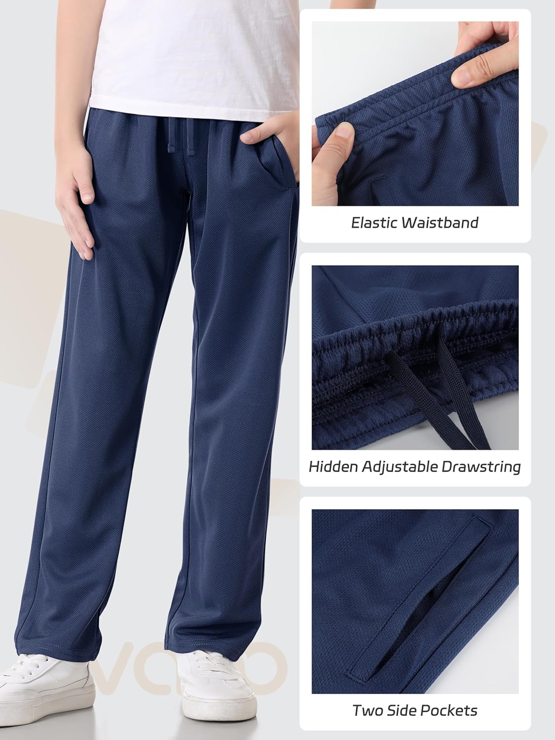 4 Pack Boys Mesh Athletic Pants, Lightweight Pants with Pockets and Drawstring, Thin Open Bottom Active Pants for Boys - Image 2