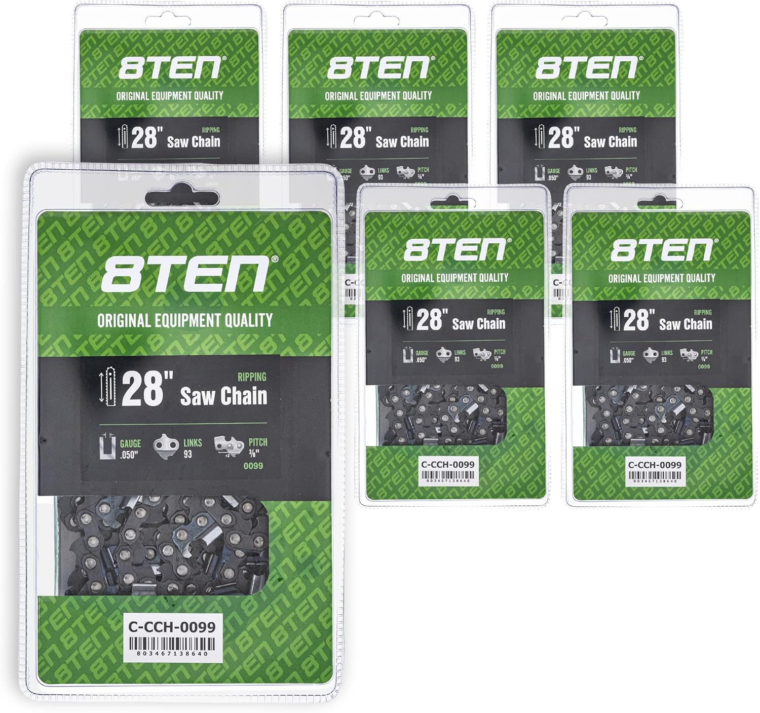8TEN Ripping Chainsaw Chain 28 Inch .050 3/8 93DL For Echo CS-600P Husqvarna 372XP Jonsered 2065 (2 Pack)