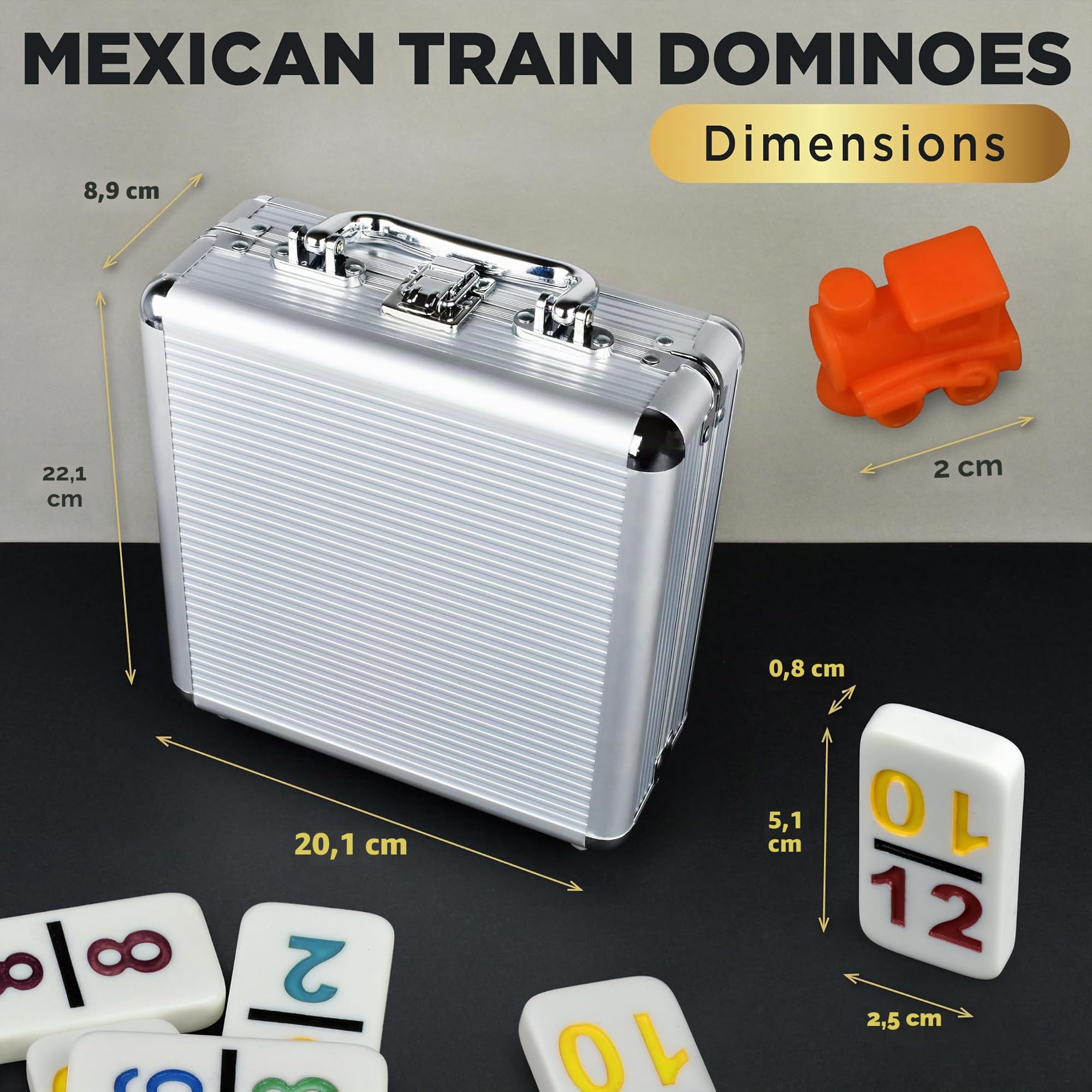 Queensell Jeu de Dominos Train Mexicain avec Chiffres, Jeu de Dominos Double 12 pour Adultes, Train de Domino Mexicain pour Adultes et Famille – Jeu de Dominos 91 Pièces avec Étui en Aluminium