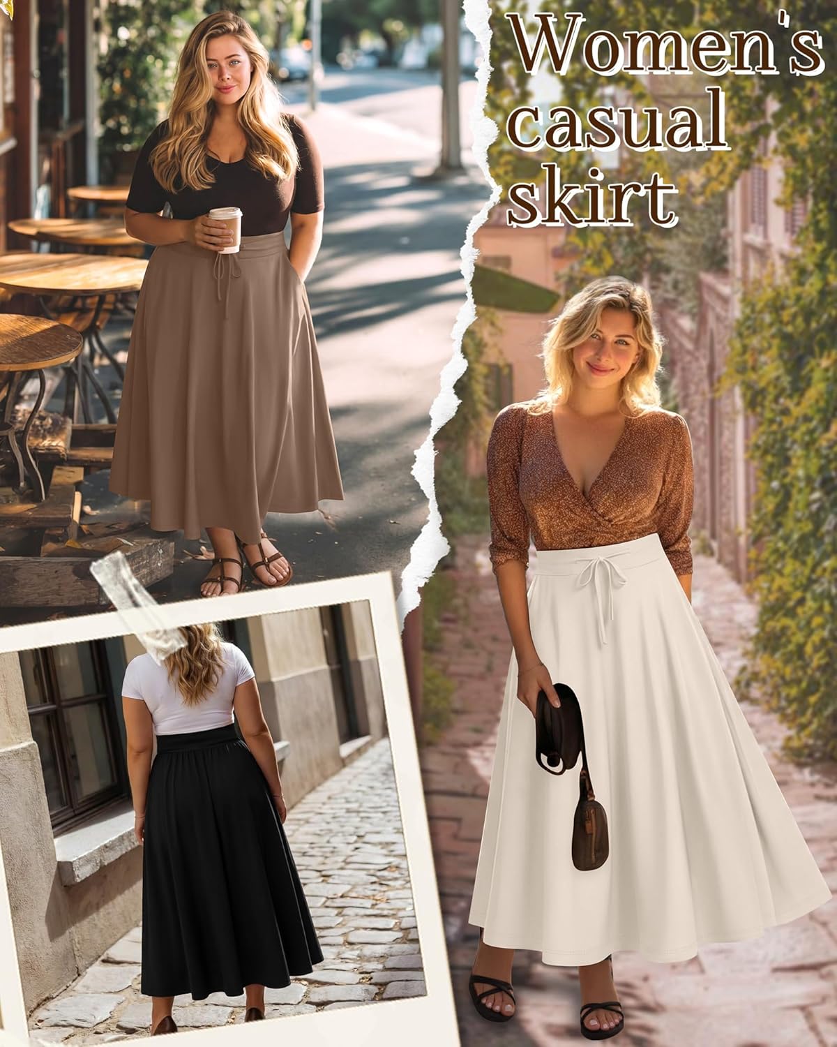 3 Pack Women's Plus Size Maxi Long Skirts a Line High Waisted Ankle Length Flowy Pleated Skirts with Pockets