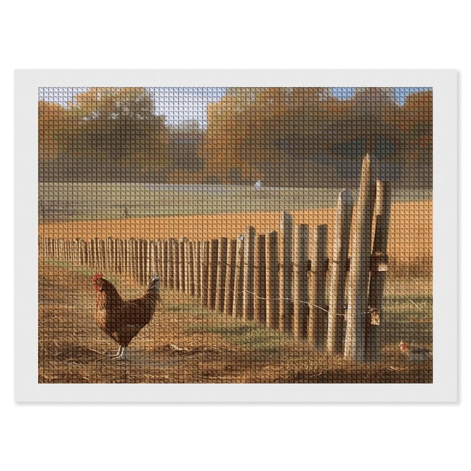 Chicken Wood Stake Farmland Diamond Art Kits for Adults, DIY 5D Diamonds Painting Kits for Beginner, Round Full Drill Diamond Dots Painting, 12"x16" Diamonds Pictures Gem Art and Crafts Wall Decor