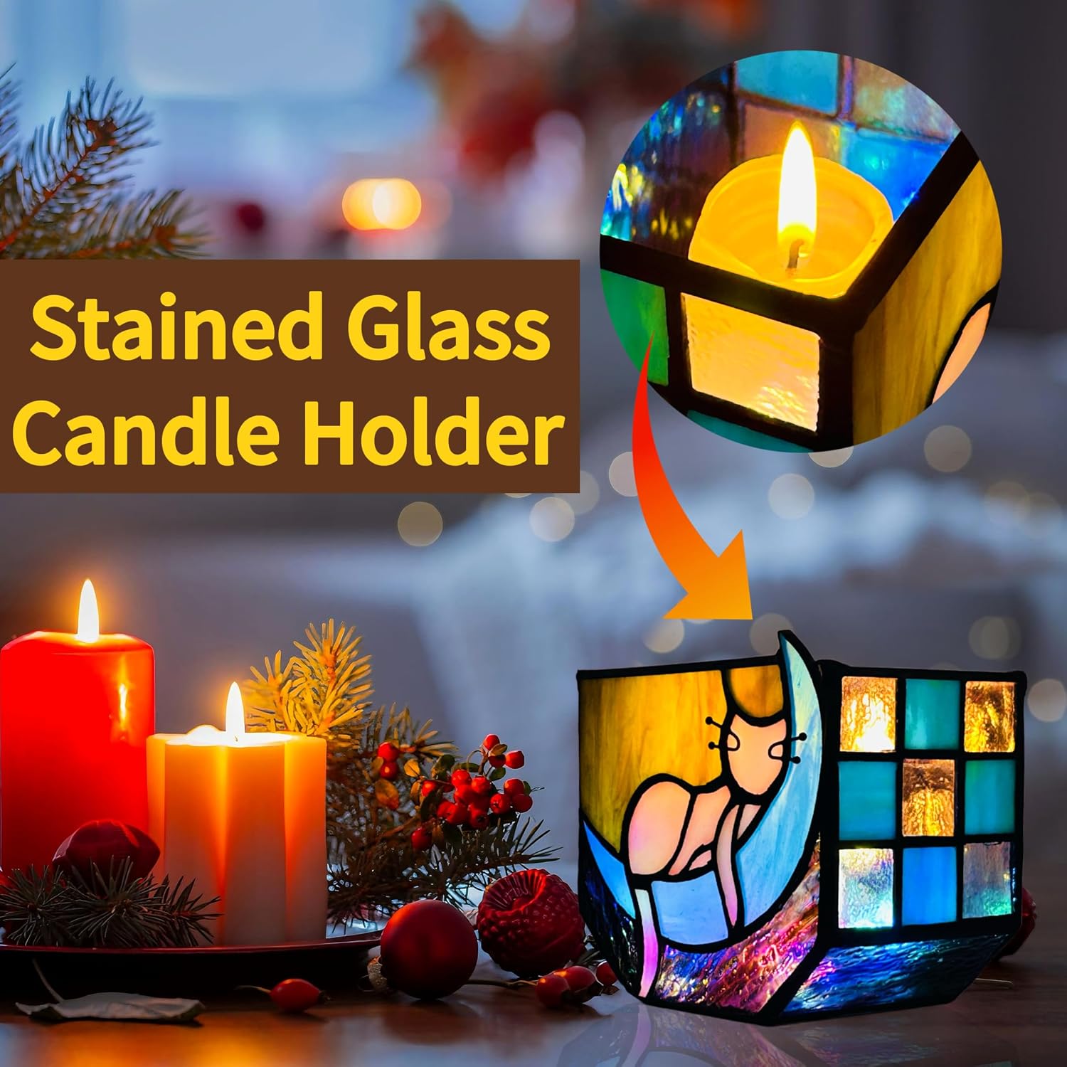 Tiffany Stained Glass Funny Moon Sleeping Cat Planter,Flower Pots for Indoor Plants,Plant Pot with Drainage,Cute Grey Cat Plant Pots,Gifts for Plant Lovers,4.6x3x5.15 in image 2