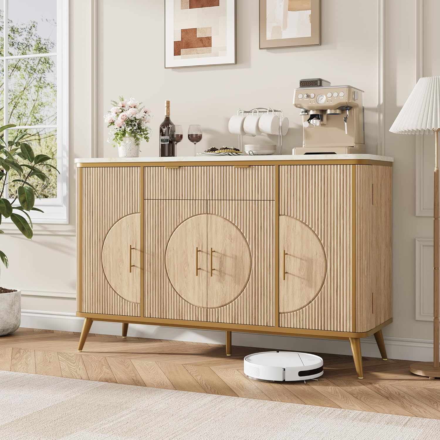 Fluted 54" Buffet Cabinet with Storage, Morden Coffee Bar Cabinets with Drawer and Adjustable Shelves, Luxury Sideboard Buffet Kitchen Storage Cabinet for Dining Room, Living Room, Natural Oak