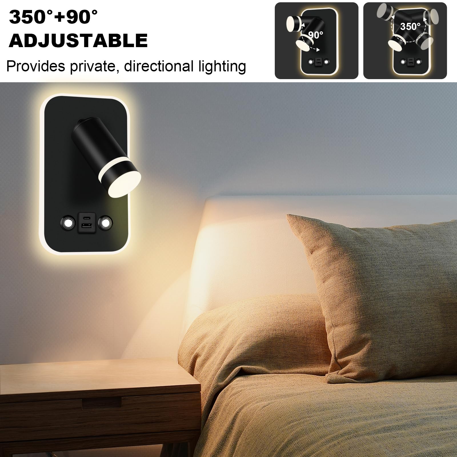 HUIZHOU Lampada LED da Parete 12W con Controllo Touch, 3 Modalità di Luce, Porta USB Integrata, Rotazione 350°, Lampada da Lettura Moderna per Camera da Letto, Comodino e Soggiorno (Rettangolo nero)