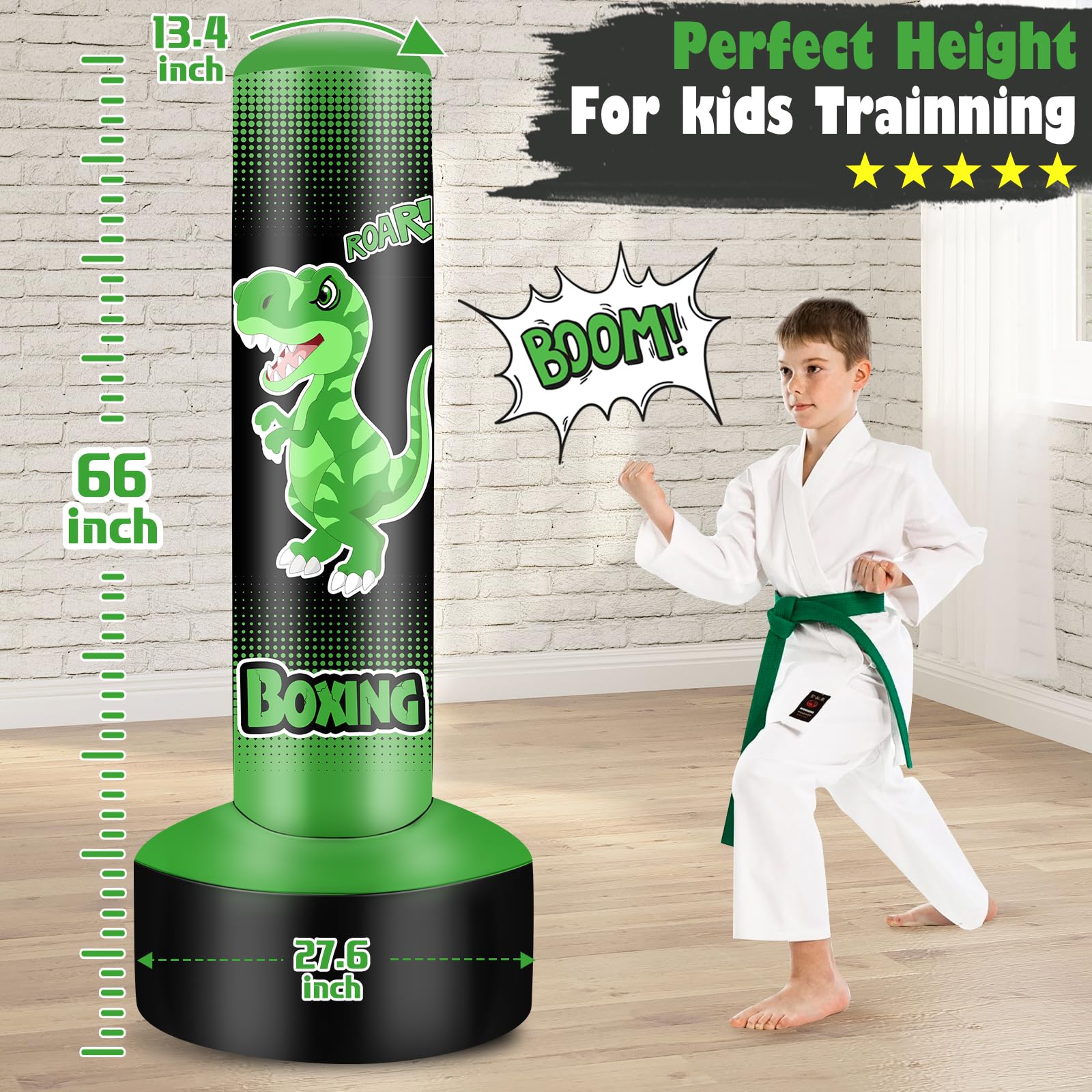 NZQXJXZ Sacco da Boxe Bambini- 165cm Gonfiabile con Guantoni da Sacco Boxe per la Pratica di MMA Karate Taekwondo e per Alleviare l'energia di Pent Up Pugilato Età 4-14 anni