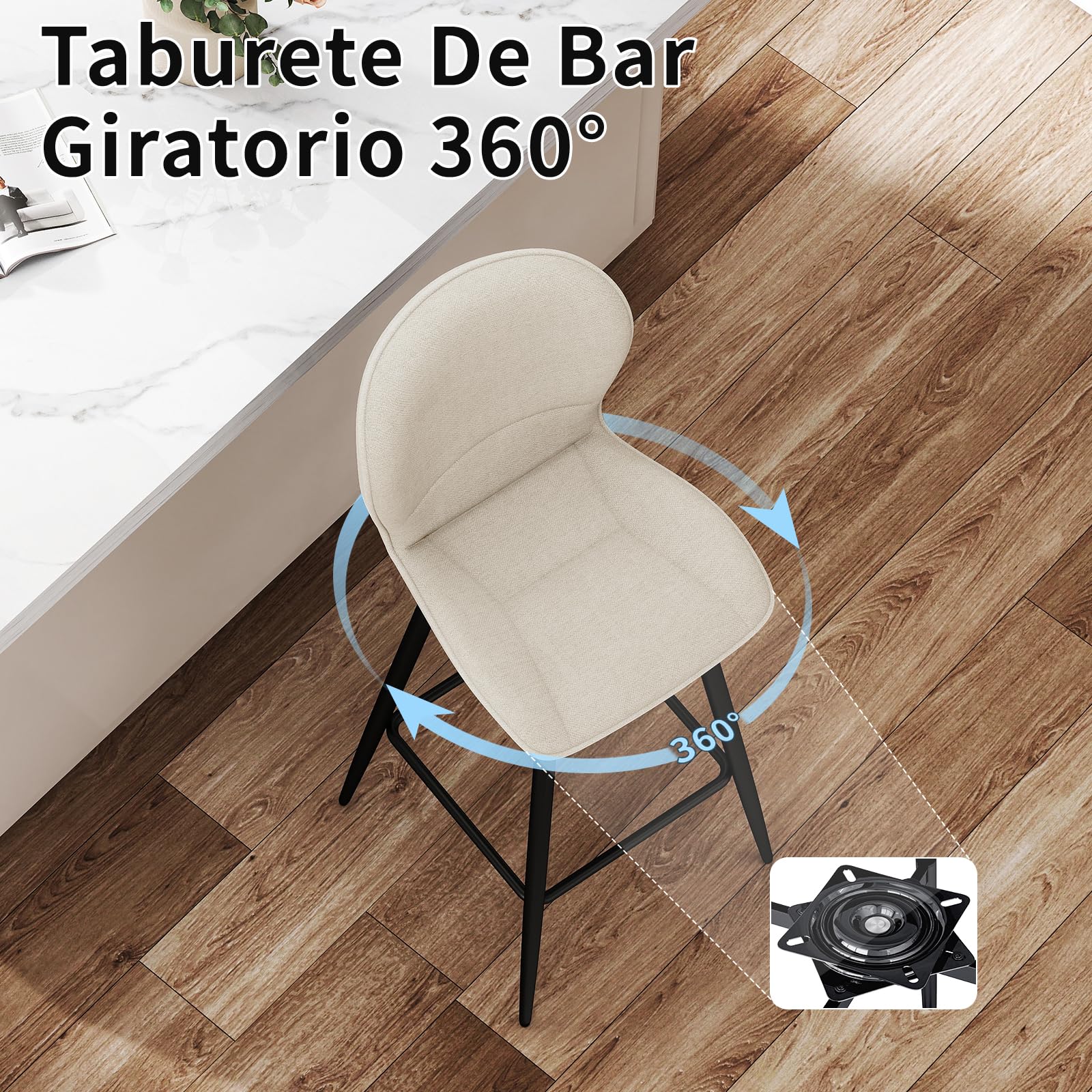 LEWE Juego de 2 Taburetes Altos de Bar, 75 cm Altura del Asiento, Giratorio 360° Sillas Altas de Cocina con Respaldo Acolchado de Tela, Metálica Reposapiés, para Bar, Comedor, Salón-Beige