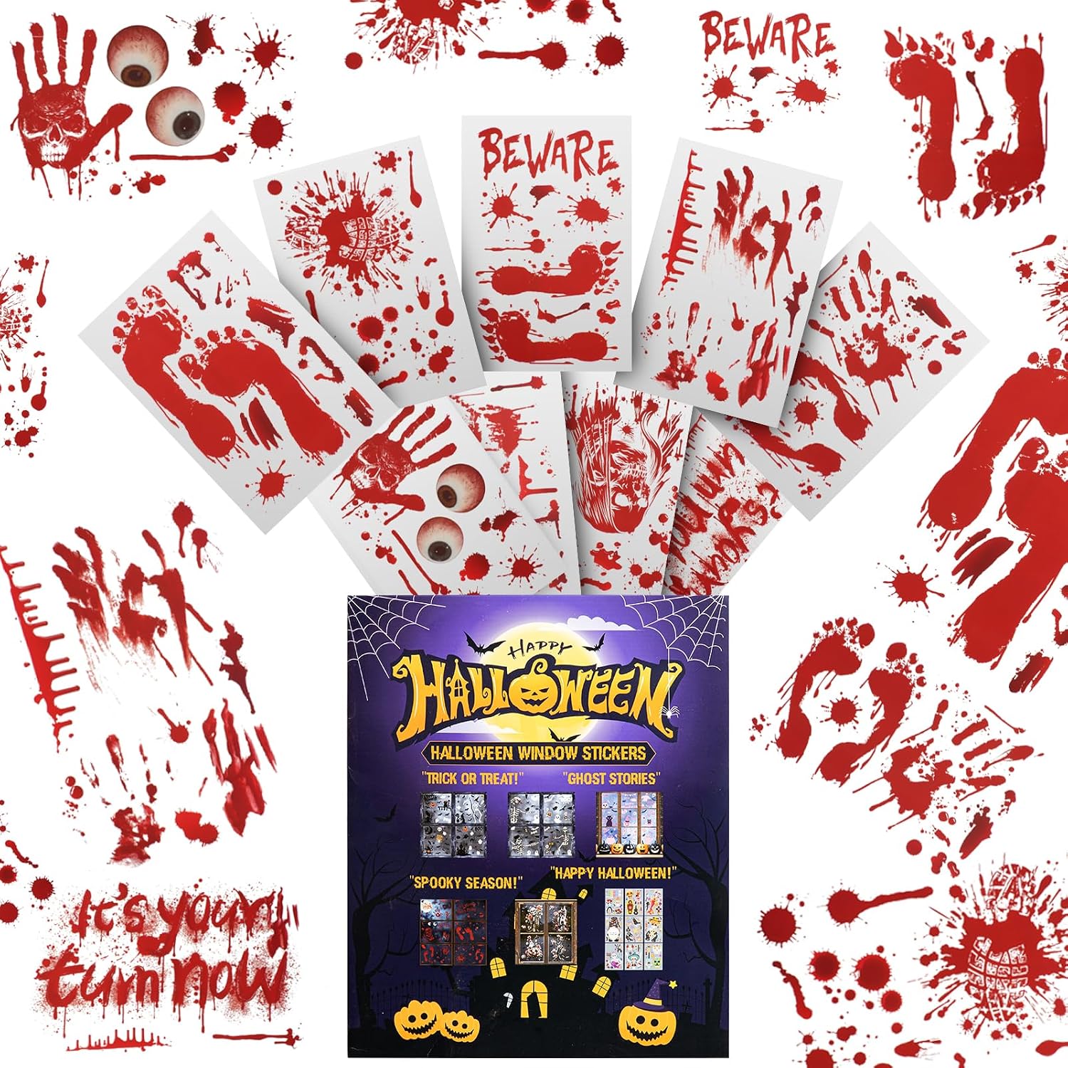 Christmas & Halloween Static Window Clings Set (20x30cm & 35x28cm),8-10 Designs/Pack, Removable Decals for Glass (Halloween ​Bloody Horror, Polyvinyl Chloride, Large)