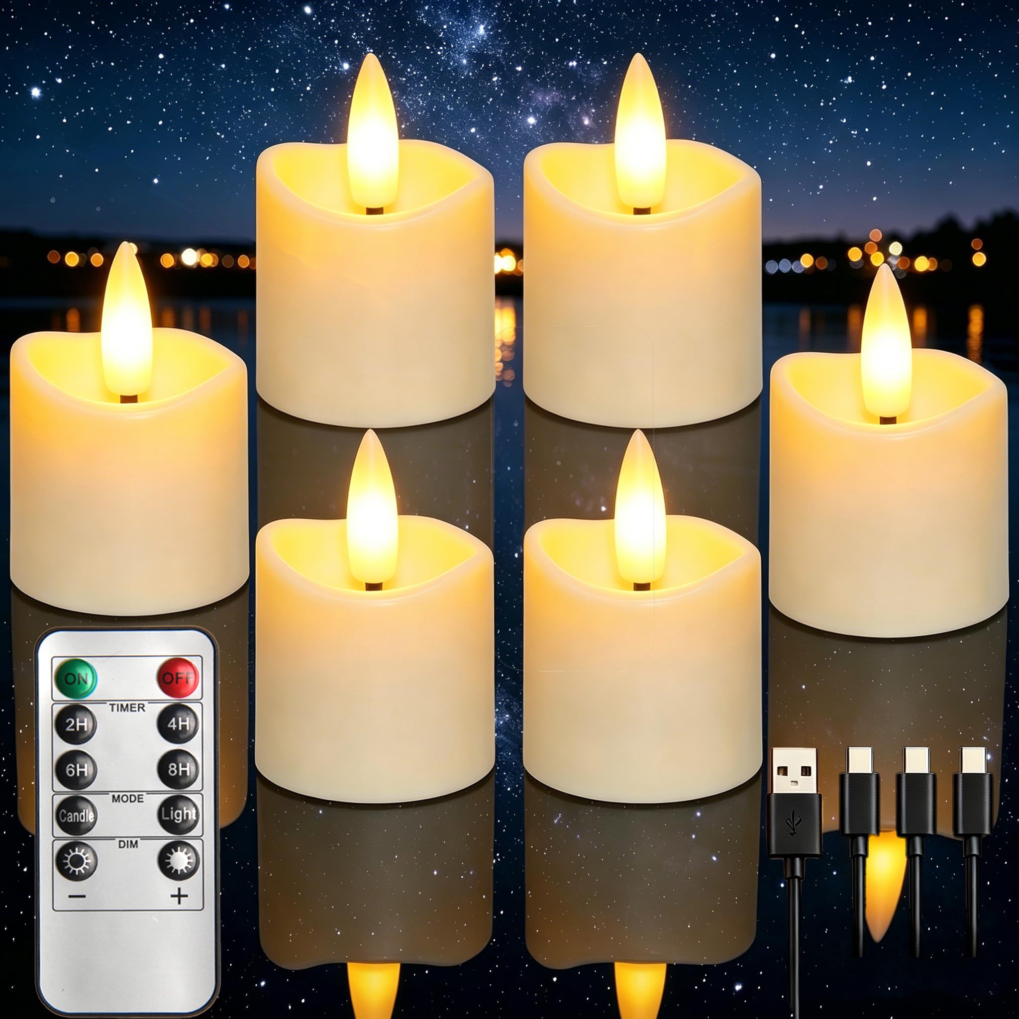 Lot de 6 bougies chauffe-plat LED rechargeables sans flamme avec minuterie de 2/4/6/8 heures, fonctionne à piles avec télécommande pour table, mariage, Noël (câble de charge USB inclus)