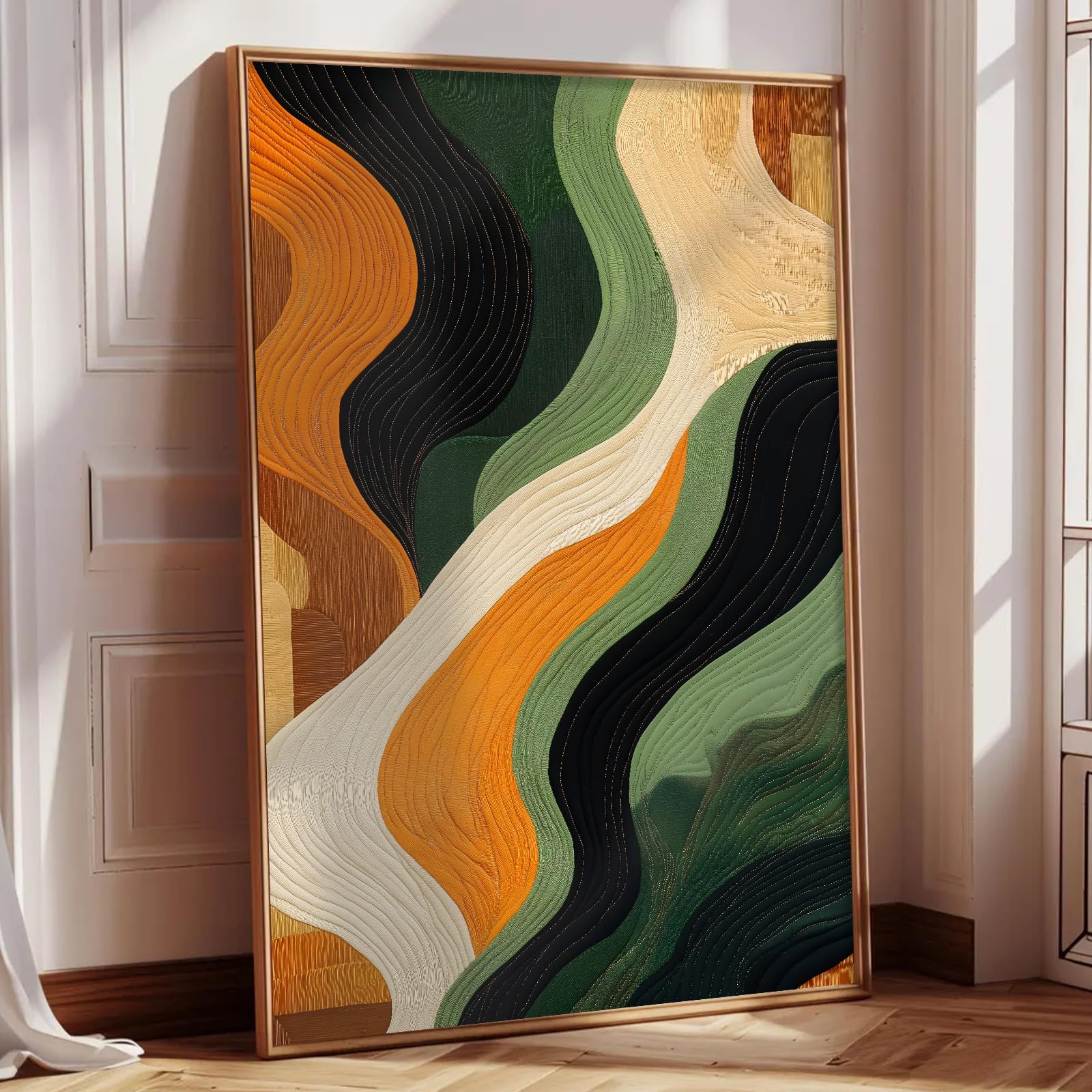 Black Green Orange Wall Art Abstract Geometric Prints Black and Orange Painting Geometric Line Poster Green Abstract Picture Modern Line Art Wall Decor for Living Room Bedroom 16x24in No Frame