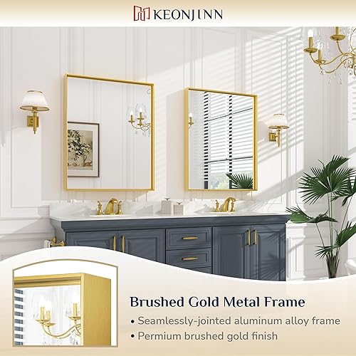 Miniatura 331 de Keonjinn Espejo de baño dorado de 48 x 36 pulgadas, espejo rectangular con marco de metal dorado cepillado, espejo de pared grande rectangular