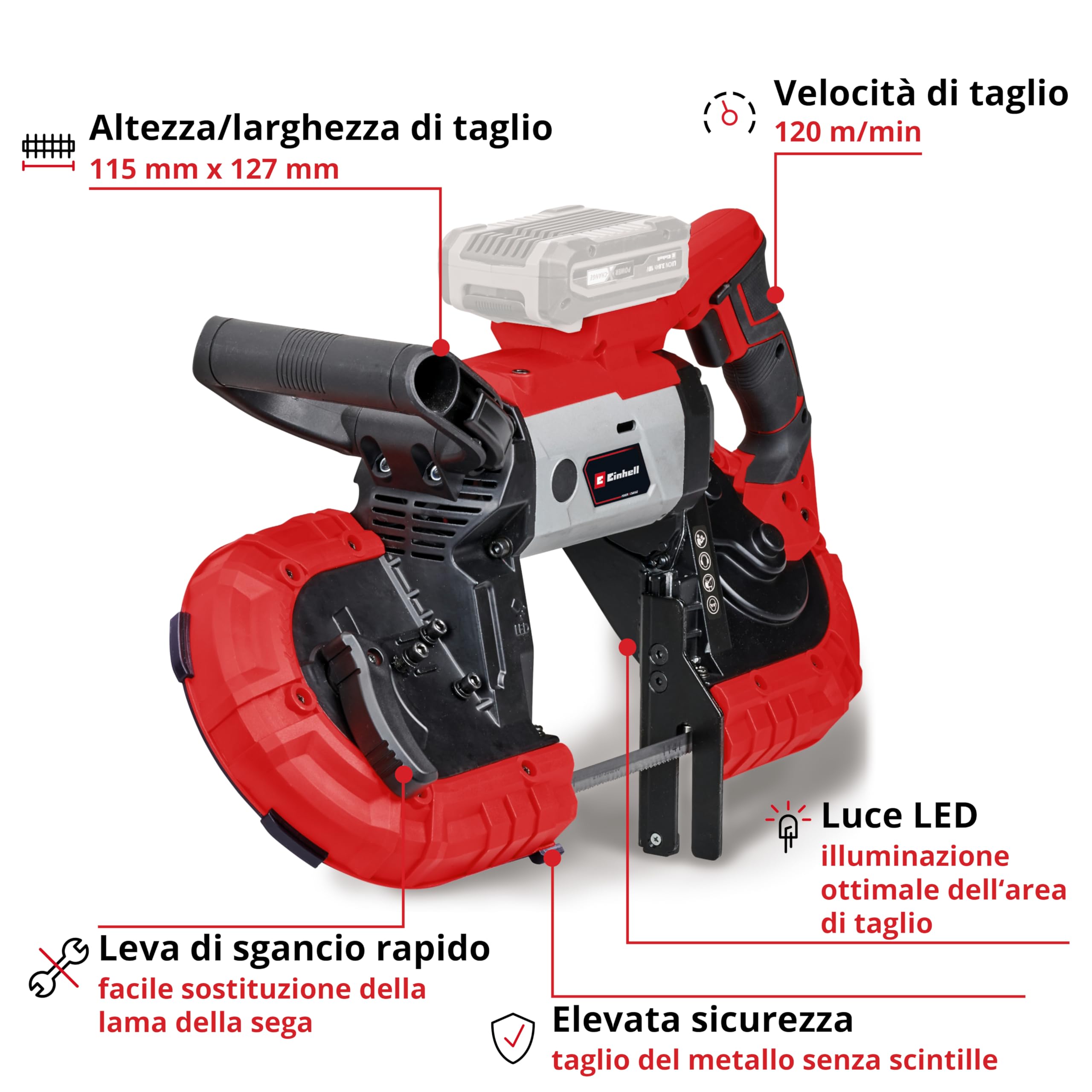 Einhell sega a nastro a batteria TE-MB 18/127 Li-Solo Power X-Change (18 V, altezza di taglio 115 mm, larghezza di taglio 127 mm, luce LED, incl. 2 lame sega a nastro per metallo, senza batteria)