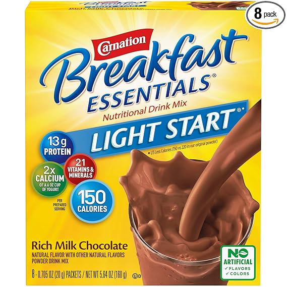 Carnation Breakfast Essentials Light Start Powder Drink Mix, Rich Milk Chocolate, 8 Count Box of Packets