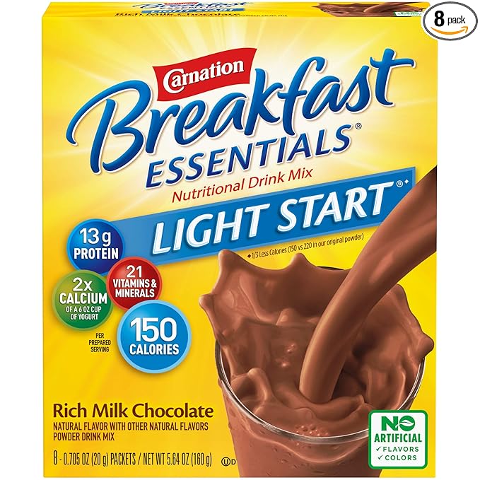 Carnation Breakfast Essentials Light Start Powder Drink Mix, Rich Milk Chocolate, 8 Count Box of Packets