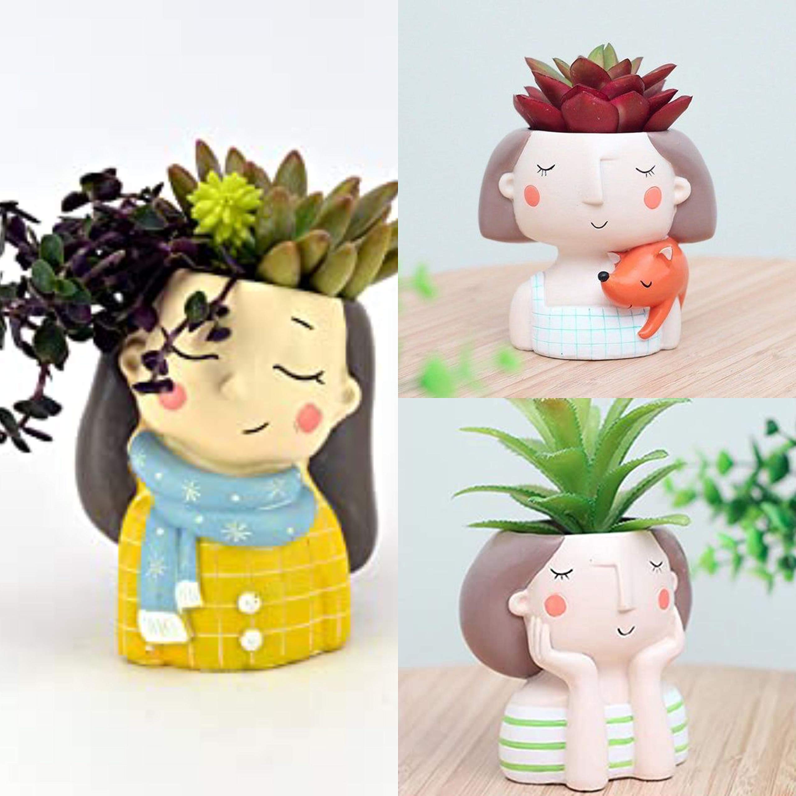 Combo Pack of 3 Dreaming Design Winter Wear Girl Resin Pot|Fox Girl|Imported Resin Pots Unique & Trendy Design Return Gifts Succulent Pots polyresin Pot Home Decor(Set of 3)