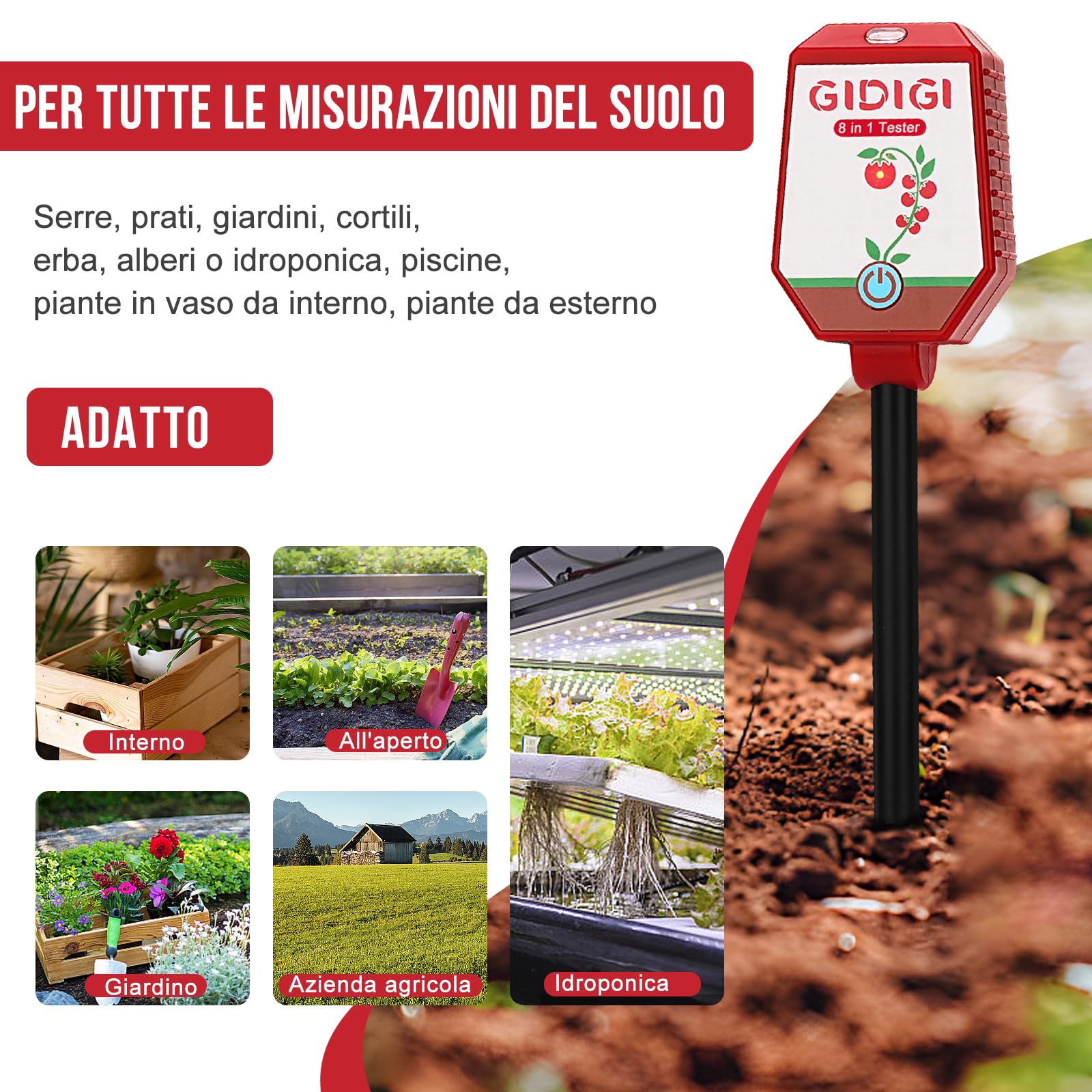 Tester pH umidità per terreno,kit digitale 8 in 1 per il test del terra, monitoraggio pH suolo,intensità della luce solare,fertilità,EC, salinità,temp e umidità per giardino,prato,agricoltura,cortile