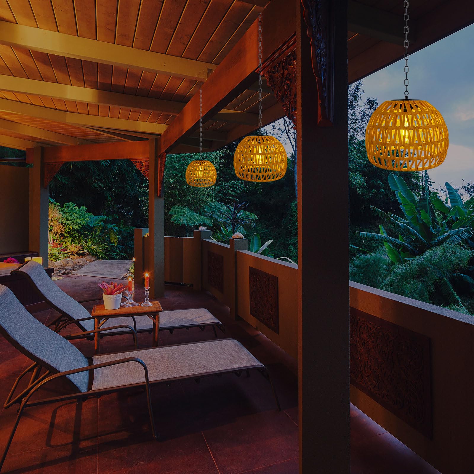 Livinlarge Solar-Hängeleuchte für den Außenbereich, Rattan-Pendelleuchte, Pavillon-Lichter, wasserdicht, für Pavillon, Pergola, Veranda, Terrasse, Balkon, Baum, Außendekor-Beleuchtung