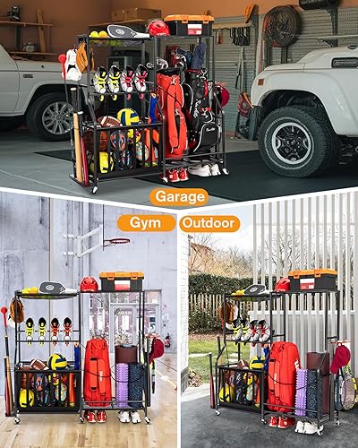 Miniatura 4 de Organizador de equipo deportivo de garaje con ruedas, estante de almacenamiento para bolsas de golf y cubos de almacenamiento de bolas, sistema