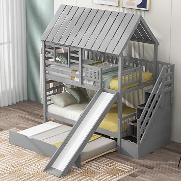 Harper & Bright Designs House Bunk Bed with Slide,Stairs and Trundle for Kids,Wooden Twin Over Twin Bunk Bed Frame with Roof,Window and Safety Guardrails for Boys Girls,Gray