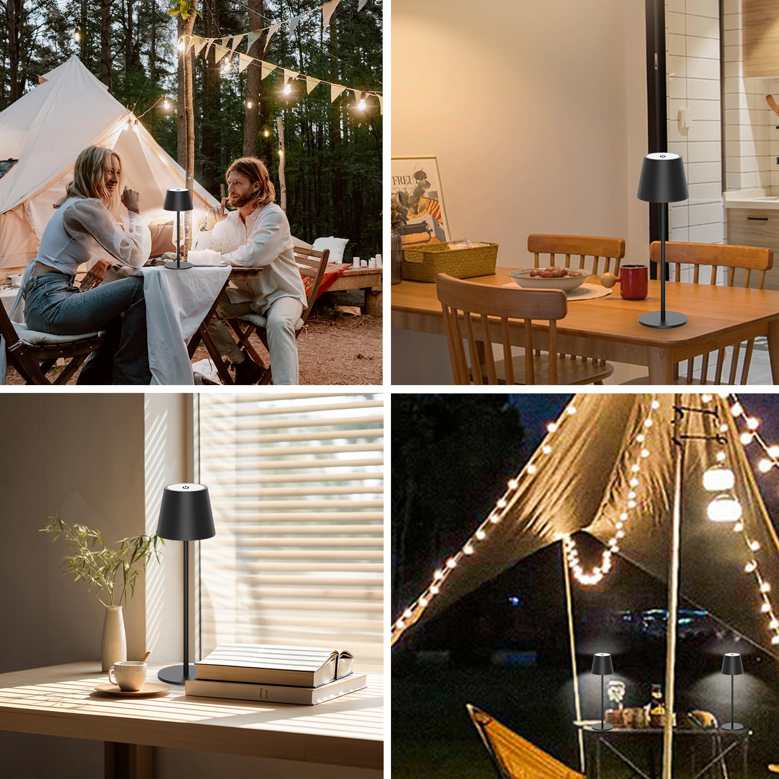 ANTELA Lampe de Table Sans Fil Rechargeable 3000K/4000K/5000K Blanc Chaud/Froid Dimmable LED Intérieur Extérieur pour Table de Repas Balcon Jardin Terrasse, Noir, 2PCs