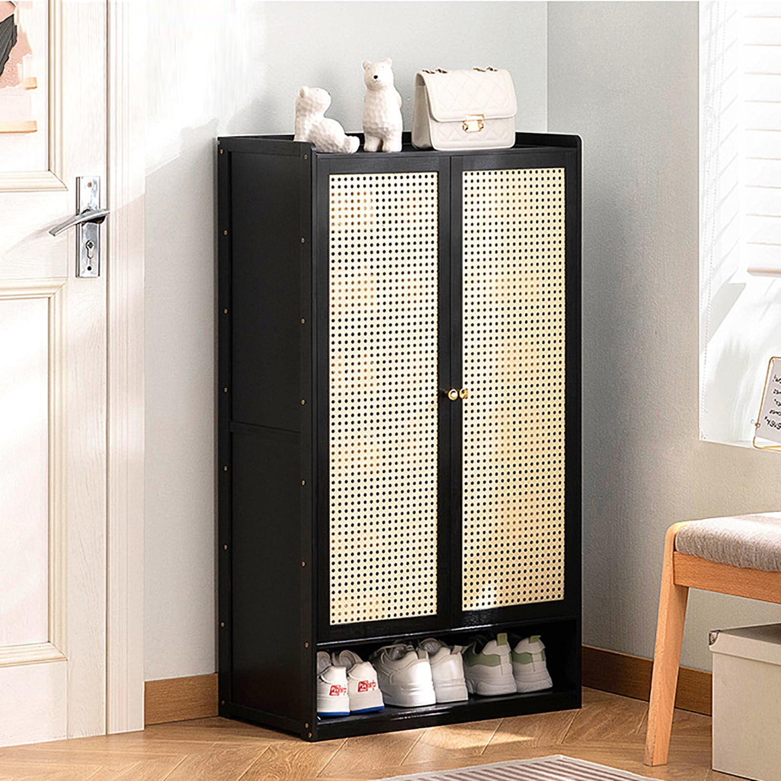 LMYSXAOZ 8-Tier Bamboo Shoe Cabinet - Freestanding Wooden Rack with Doors for Entryway, Hallway, Living Room & Closet Stylish Rattan Organizer in Black