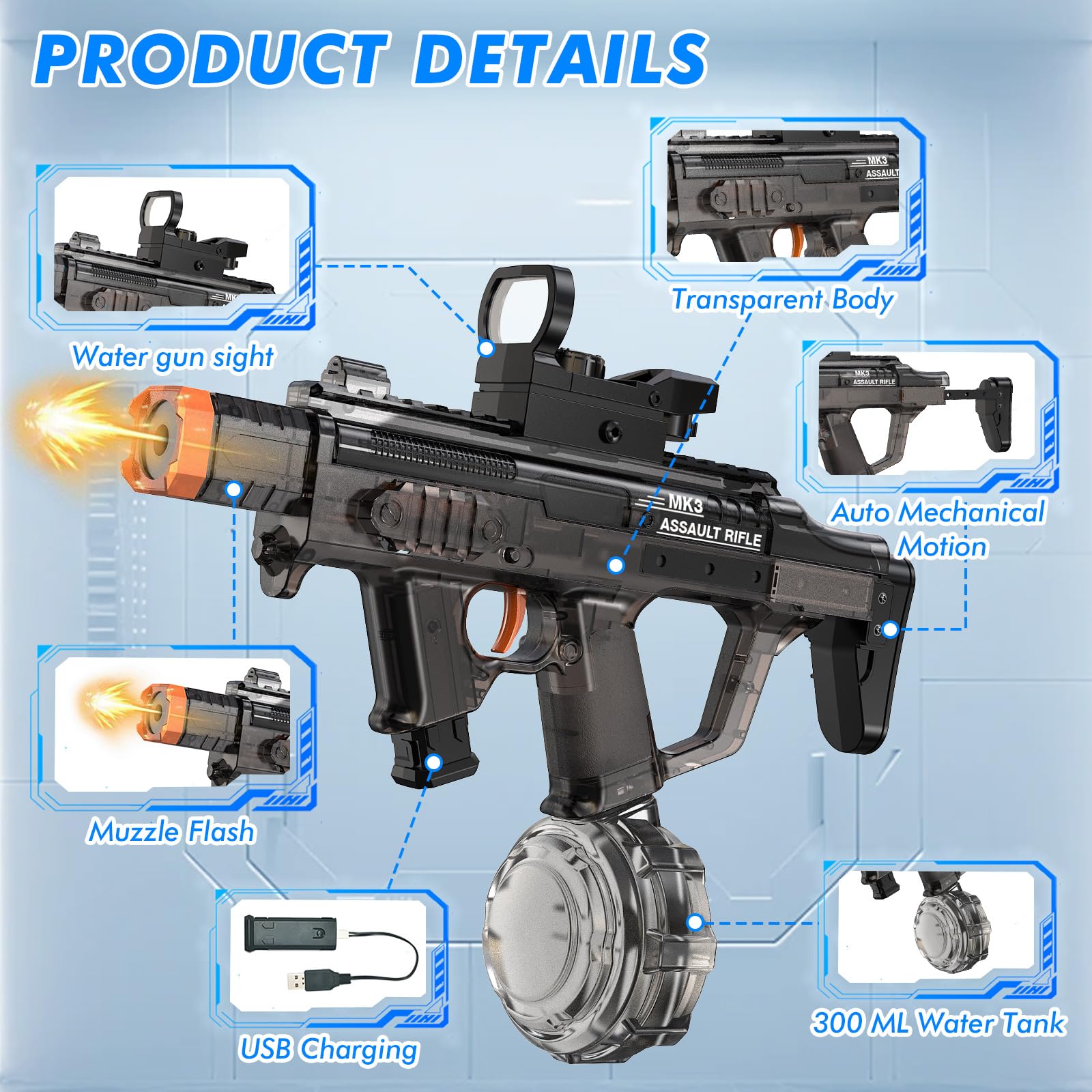 Electric Water Gun for Adults Kids, Automatic Squirt Gun with 33FT Range, Watergun with Flashing Muzzle, Summer Outdoor Water Pistol Pool Beach Party Toys for Boys Girls, Black - 4