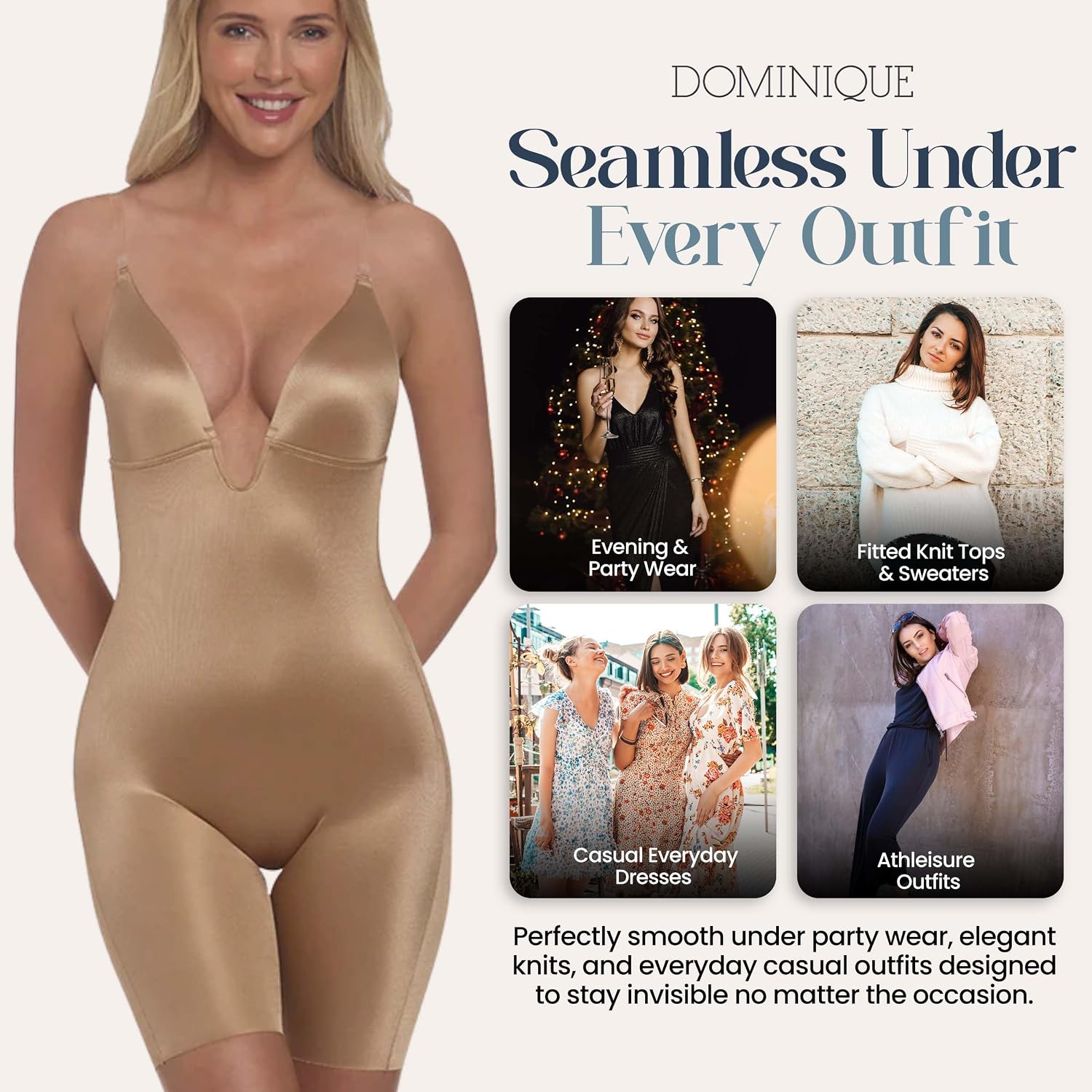 Dominique Unity Low Back Thigh Shaper Bodysuit #4100 - Plunge Front Shapewear with Sculpting Control & Convertible Straps
