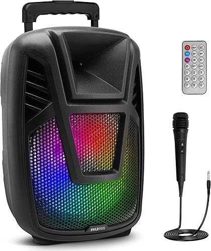 Pyle Altavoz portátil - Altavoz de salida de potencia máxima de 15 pulgadas, 80 vatios, sistema PA con luz LED, asas, ruedas y control remoto,