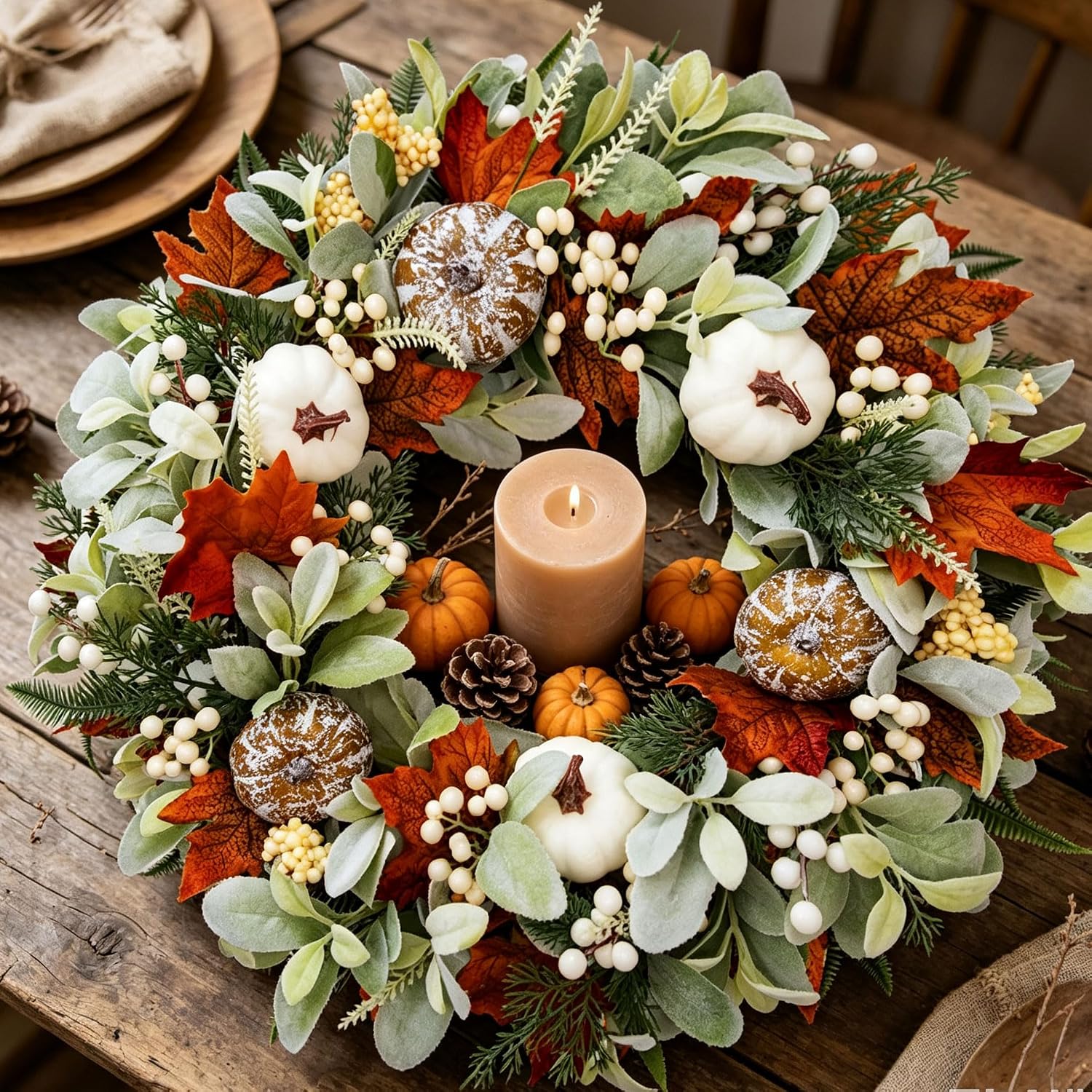 24 Inch Fall Wreaths for Front Door, Natural Autumn Pumpkin Wreath, Farmhouse Harvest Decor with White Frosted Pumpkins, Lamb's Ear, Maple Leaves, Fern & Berries for Indoor Outdoor