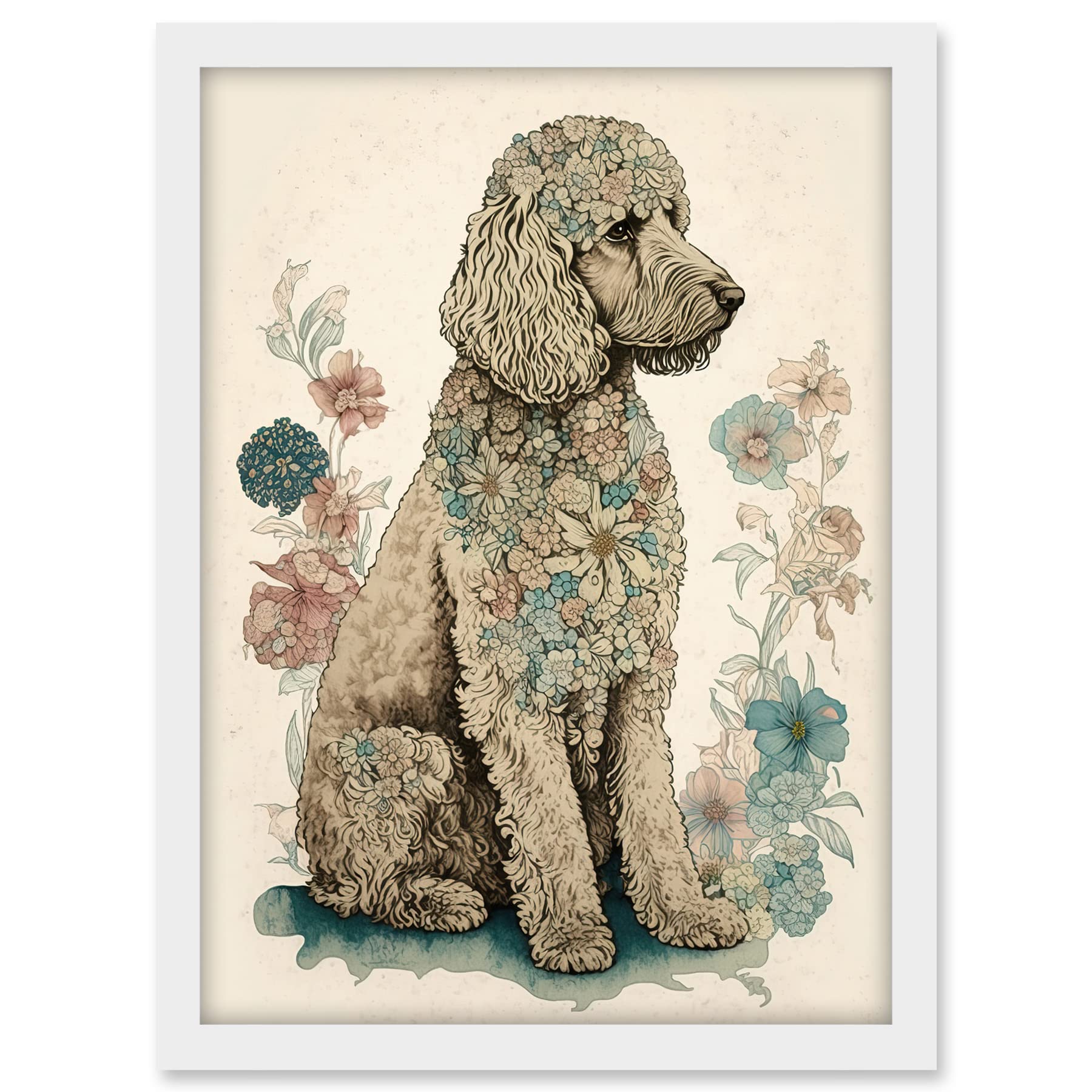 Artery8 Poodle Dog with Flower Fur Coat Modern Boho Watercolour Illustration Artwork Framed A3 Wall Art Print