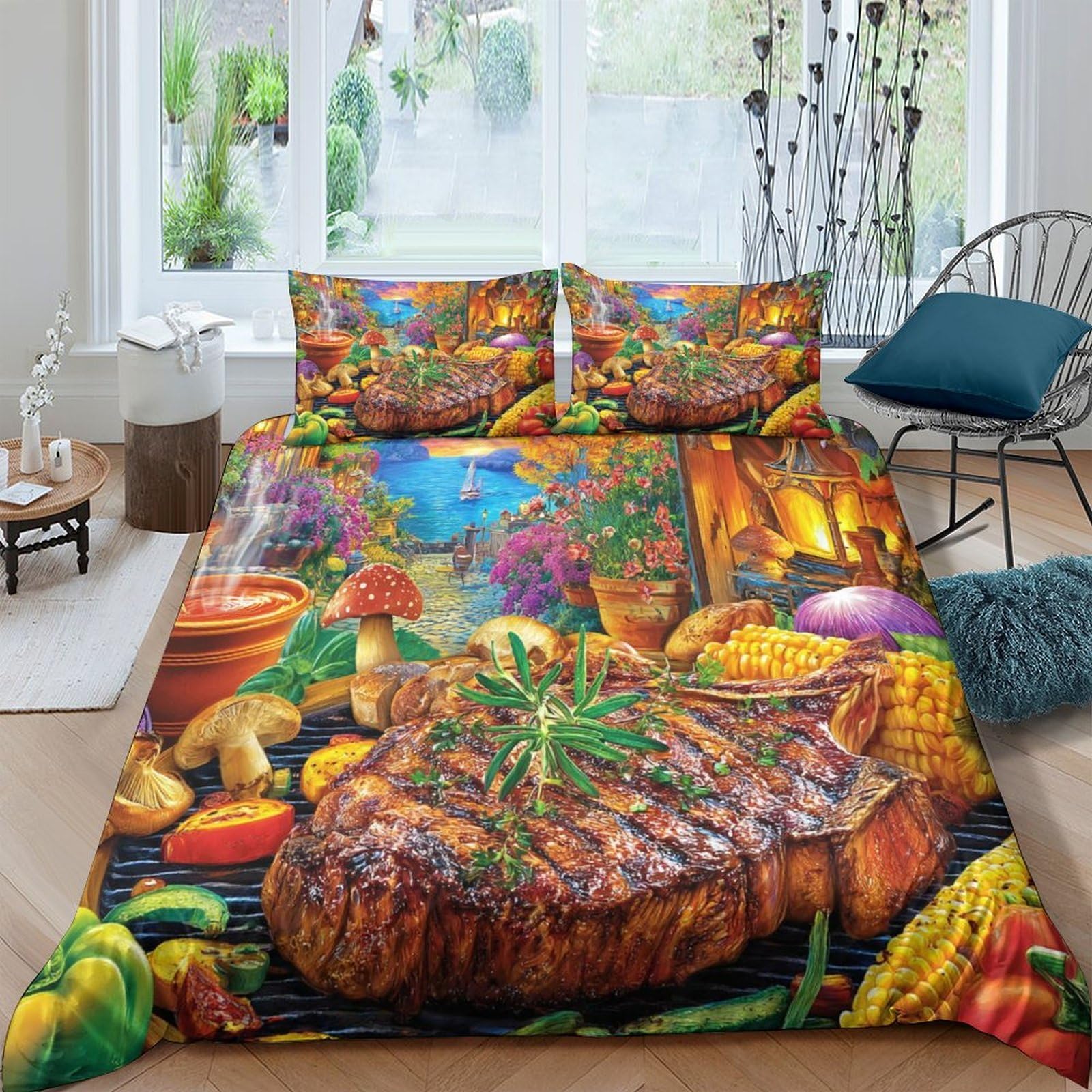 Housse de couette steak grillé 3D 260x220 parure lit 3 pièces microfibre