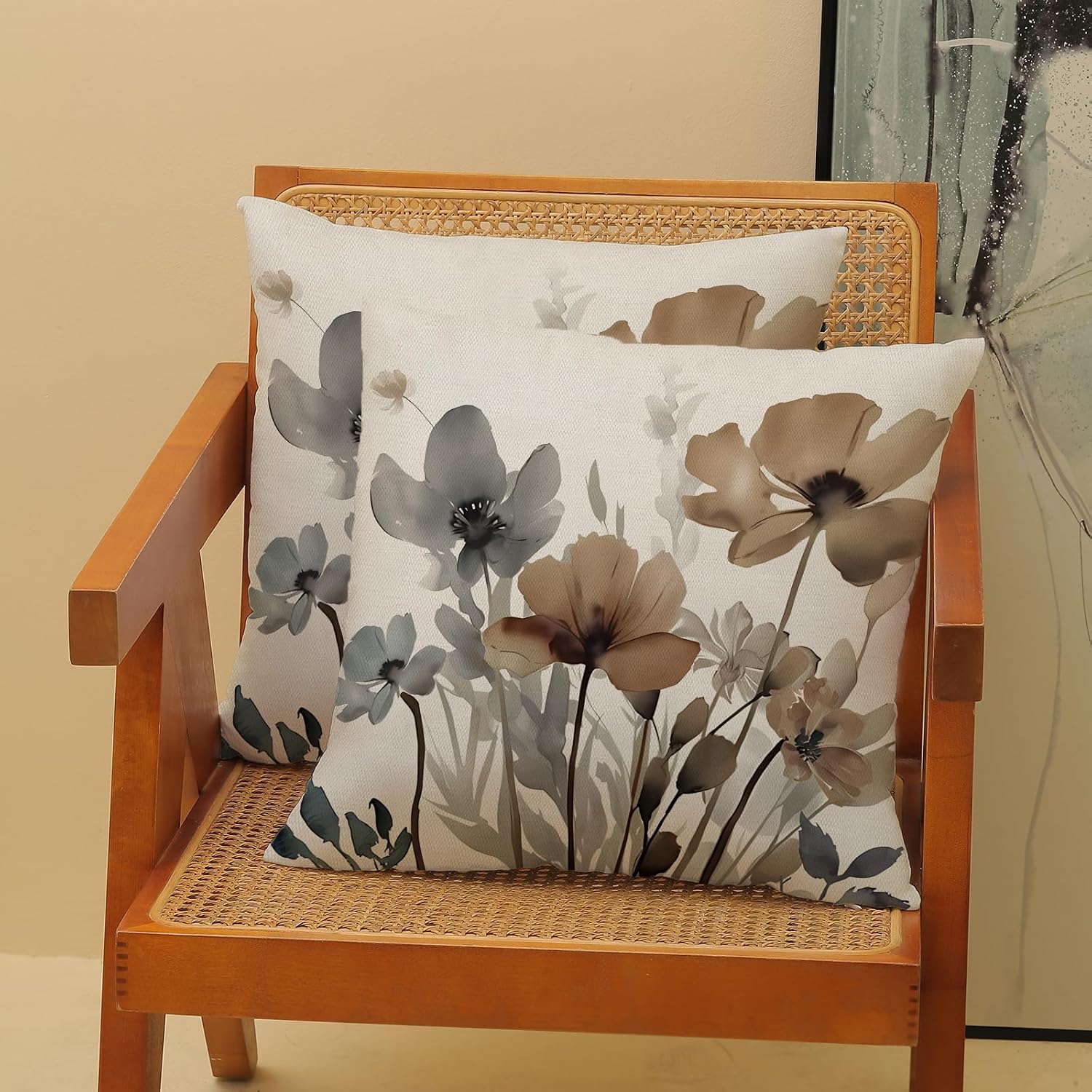 Grey Brown Pillow Covers 18x18 Inch Set of 2 Vintage Grey Brown Floral Throw Pillows Watercolor Spring Summer Seasonal Flower Pillowcases Outdoor Decorative Linen Cushion Covers for Couch Sofa image 2