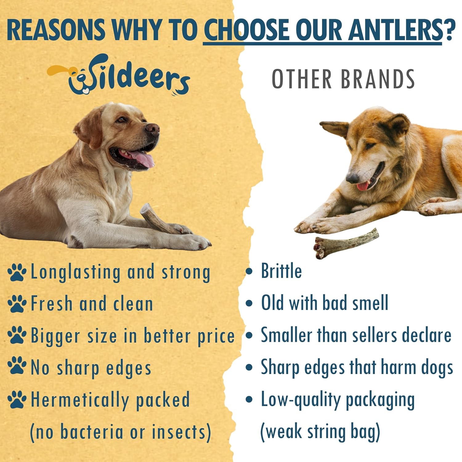 Wildeers Elk Antlers for Dogs Large, 3-Pack, Rich in Minerals Dog Antler Bone Chews - Made in USA, Naturally Shed, Grade A, 7-9 inch, Long Lasting Treat for Aggressive Chewers