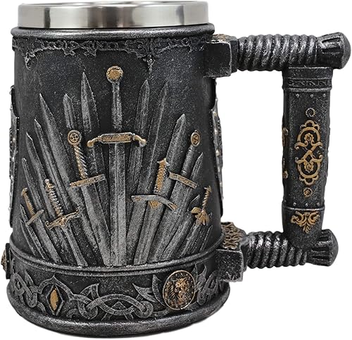 Ebros Gift Gran dragón medieval de hierro trono de espadas y escudo de la heráldica escudo taza de café 14oz beber cerveza Stein Tankard Cup Fantasy