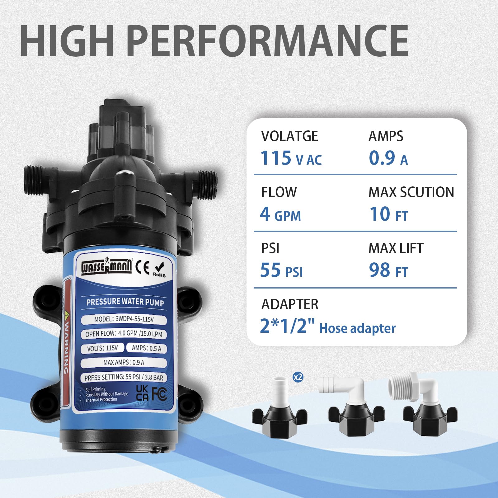 WASSERMANN - Pompa ciśnieniowa wody 115 V AC, 4,0 GPM 55 psi, samozasysająca pompa wodna z przełącznikiem ciśnieniowym do kuchni, łazienki, na jacht, ogród