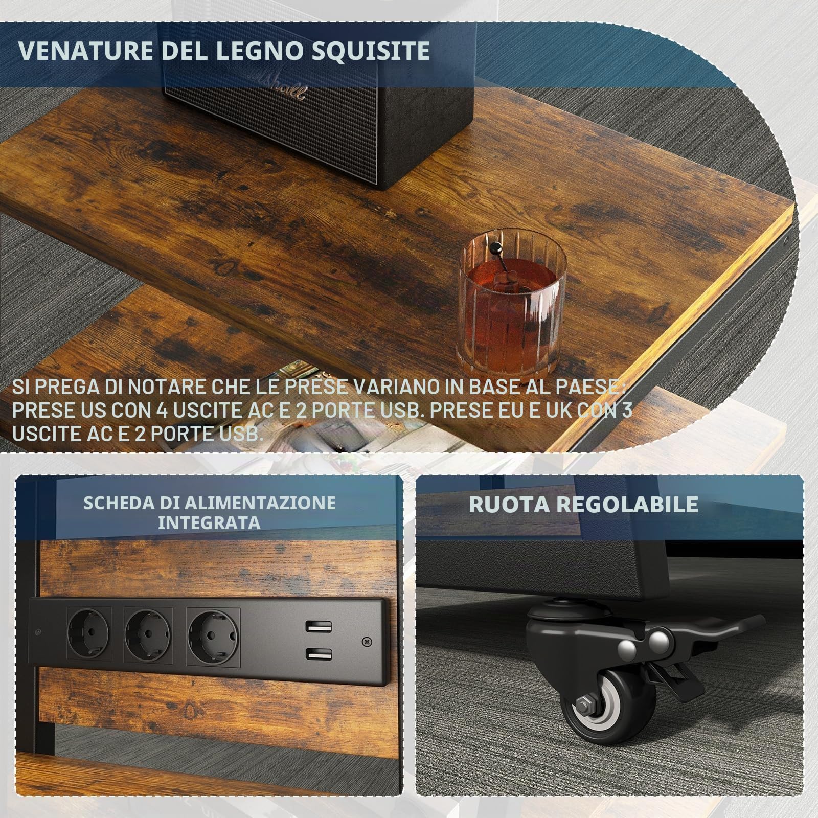 Mobile HIFI con ruote, Mobile Giradischi con 4 Ripiani e luce a LED, Supporto HIFI di altezza regolabile per Amplificatore/DVD Player/Sky Box