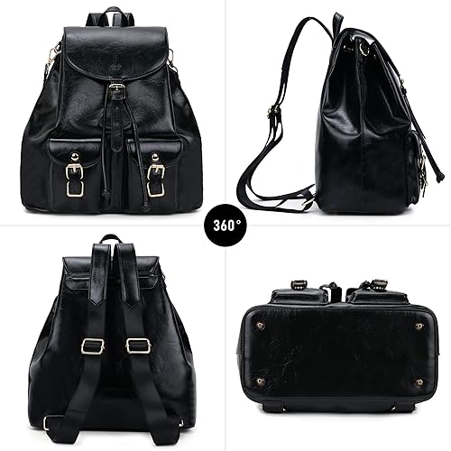 Miniatura 6 de Chillo - Mochila grande de cuero vegano para mujer, diseño multiusos, con cordón, Negro -, Mochilas de mochila