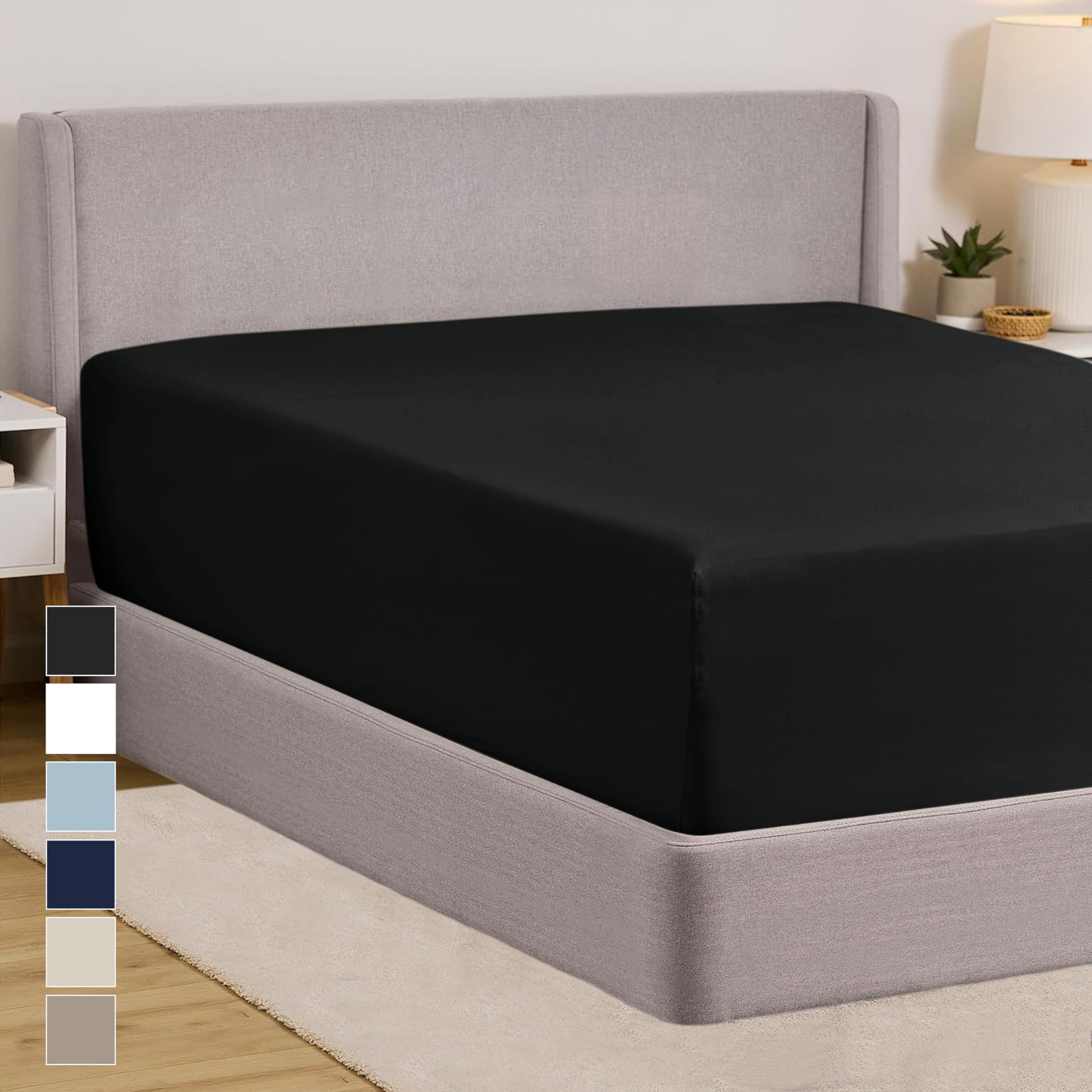GORILLA GRIP Fitted Sheets, Stay in Place Deep Pocket Bottom Bed Sheets for Mattress, Lightweight Microfiber Sábana, All Around Elastic, Oeko-Tex, Wrinkle and Shrink Resistant, King Size BlackOEKO-TEX STANDARD 100