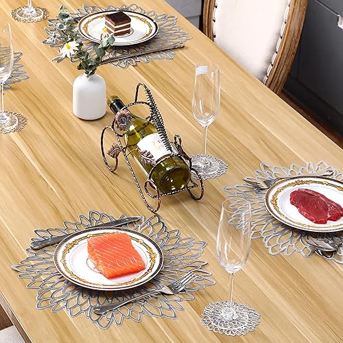 Miniatura 4 de Juego de manteles individuales redondos de vinilo prensado metálico, incluye manteles individuales y posavasos, antideslizantes, resistentes al