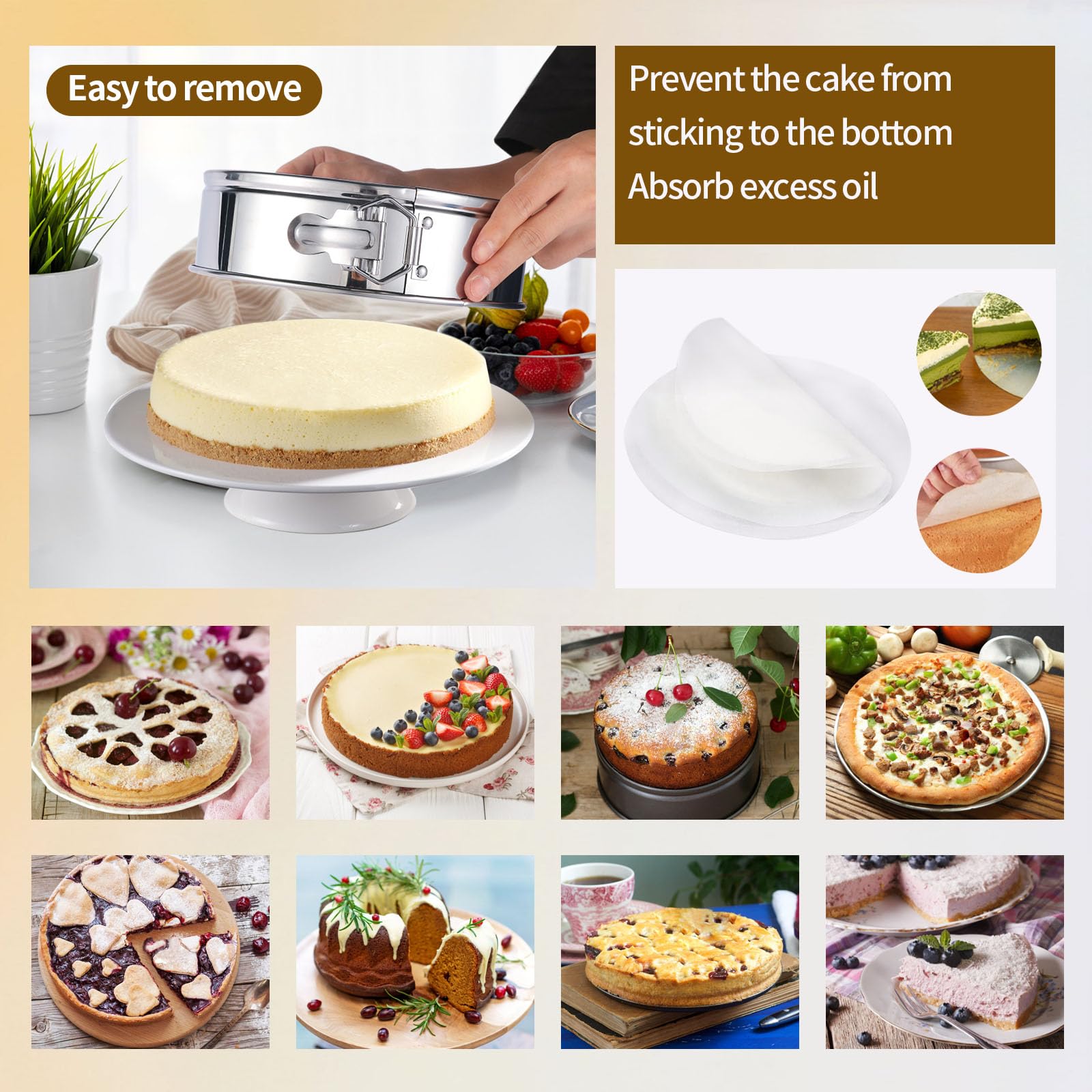 OYAOL 9 Inch Springform Pan - Nonstick Leakproof 304 Stainless Steel Springform Cake Pan with Removable Bottom, Silicone Cheesecake Pan Protector with Parchment Paper - Image 6