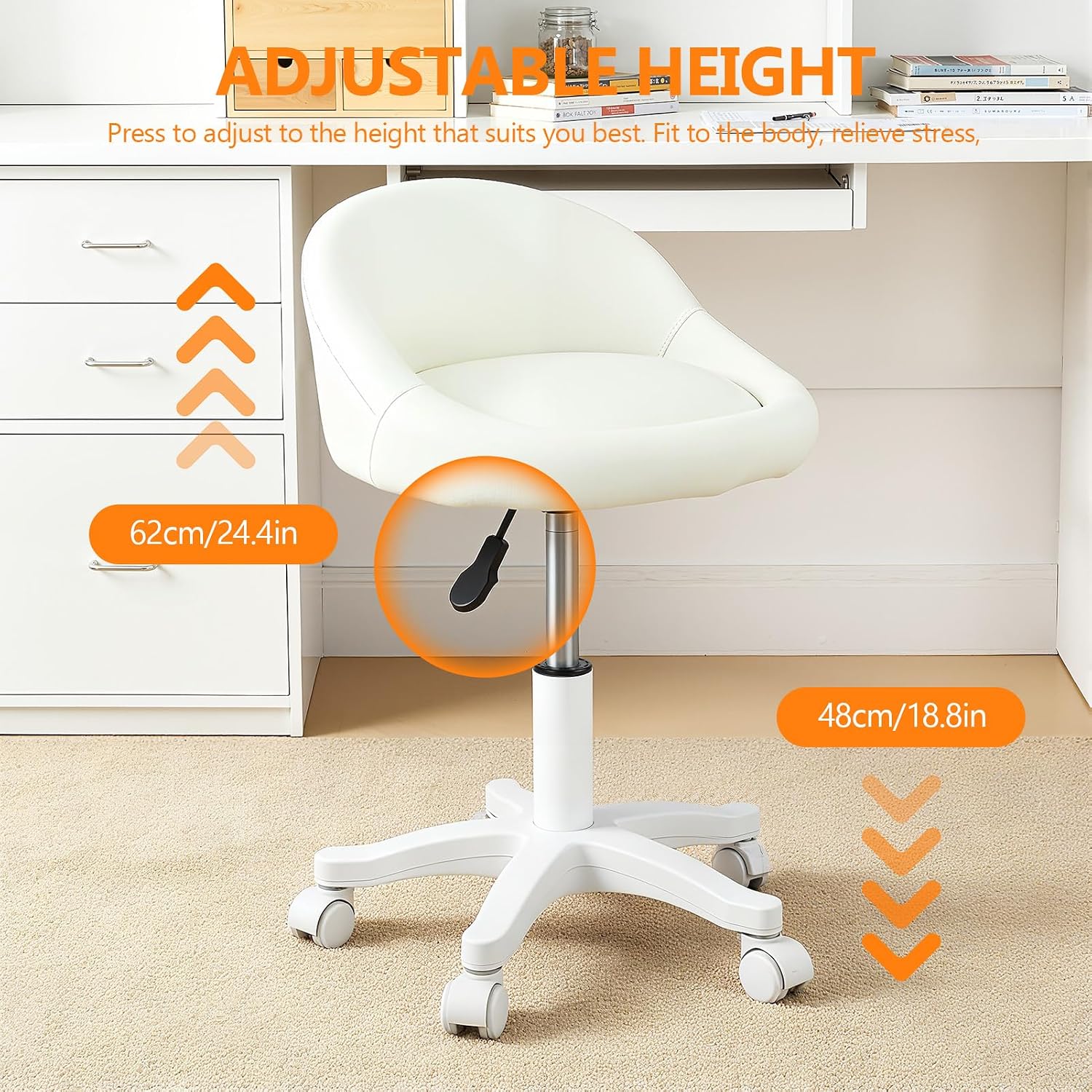 Rolling Stool, Ergonomic Swivel Seat, 360 Degree Rotating Salon Chair, Vanity Chair Adjustable Height with Ultra-Quiet Wheels, Vanity Stool with Back for Salon, Office, Massage Use (White)