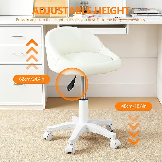 Adjustable Hydraulic Stool, Rolling Vanity Chair with PU Leather Seat & Silent Wheels, Swivel Salon Stool for Home Office, Dressing Table, Hairdressing (Beige)