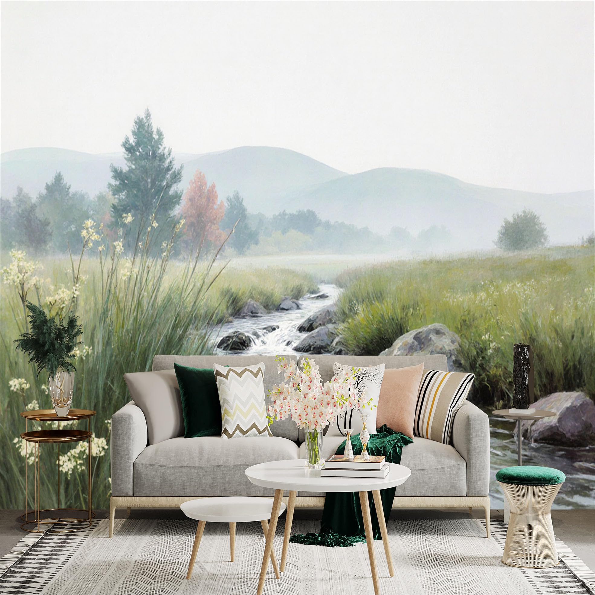 Custom Size Wall Sticker Mural， Misty River with Rocks and Green Meadow Landscape， for wall Decoration， peelandstick wall Decals.