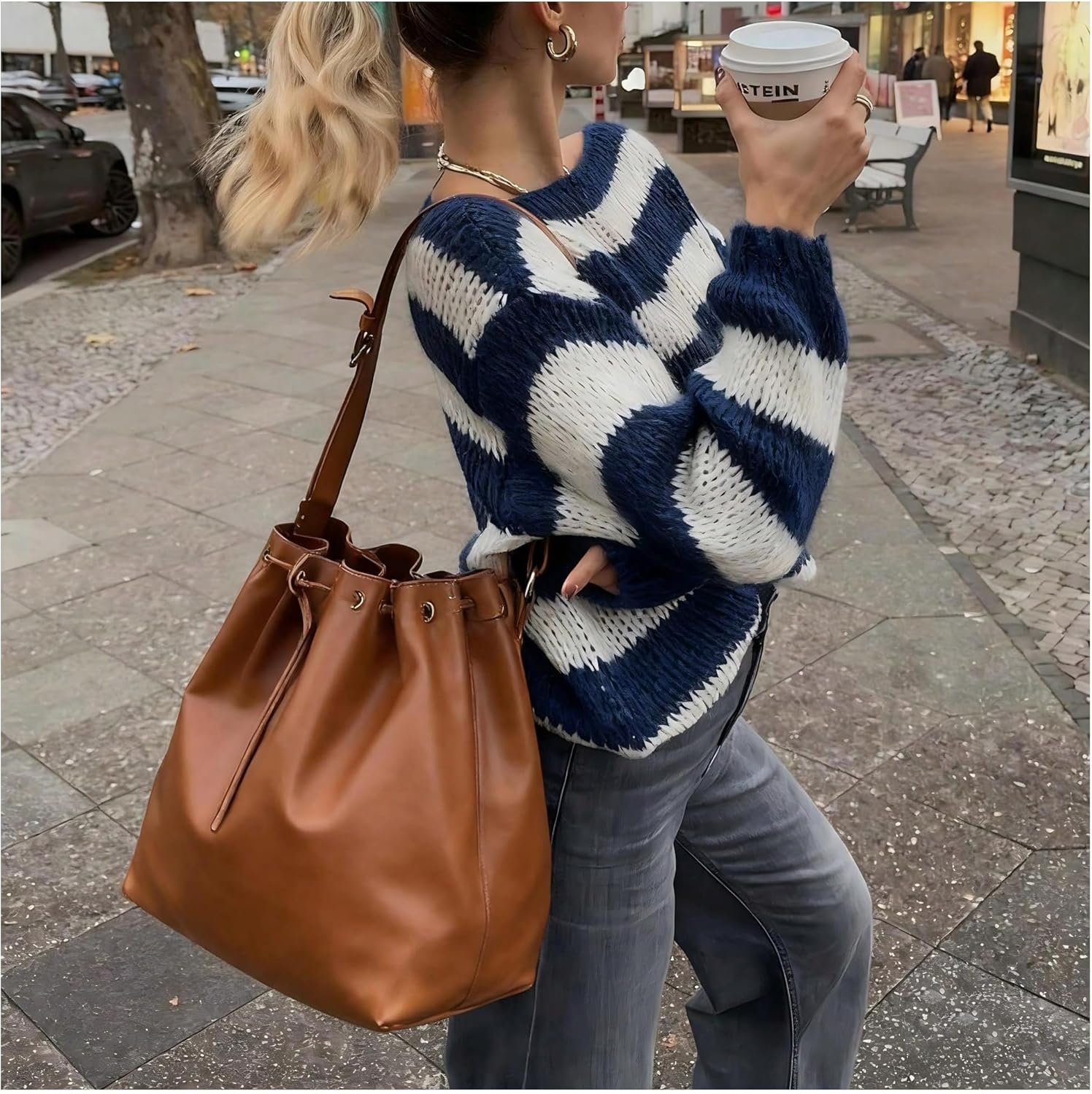 Verdusa Women's Off The Shoulder Sweater Striped Sweaters Color Block Long Sleeve Oversized Pullovers Tops - Image 4