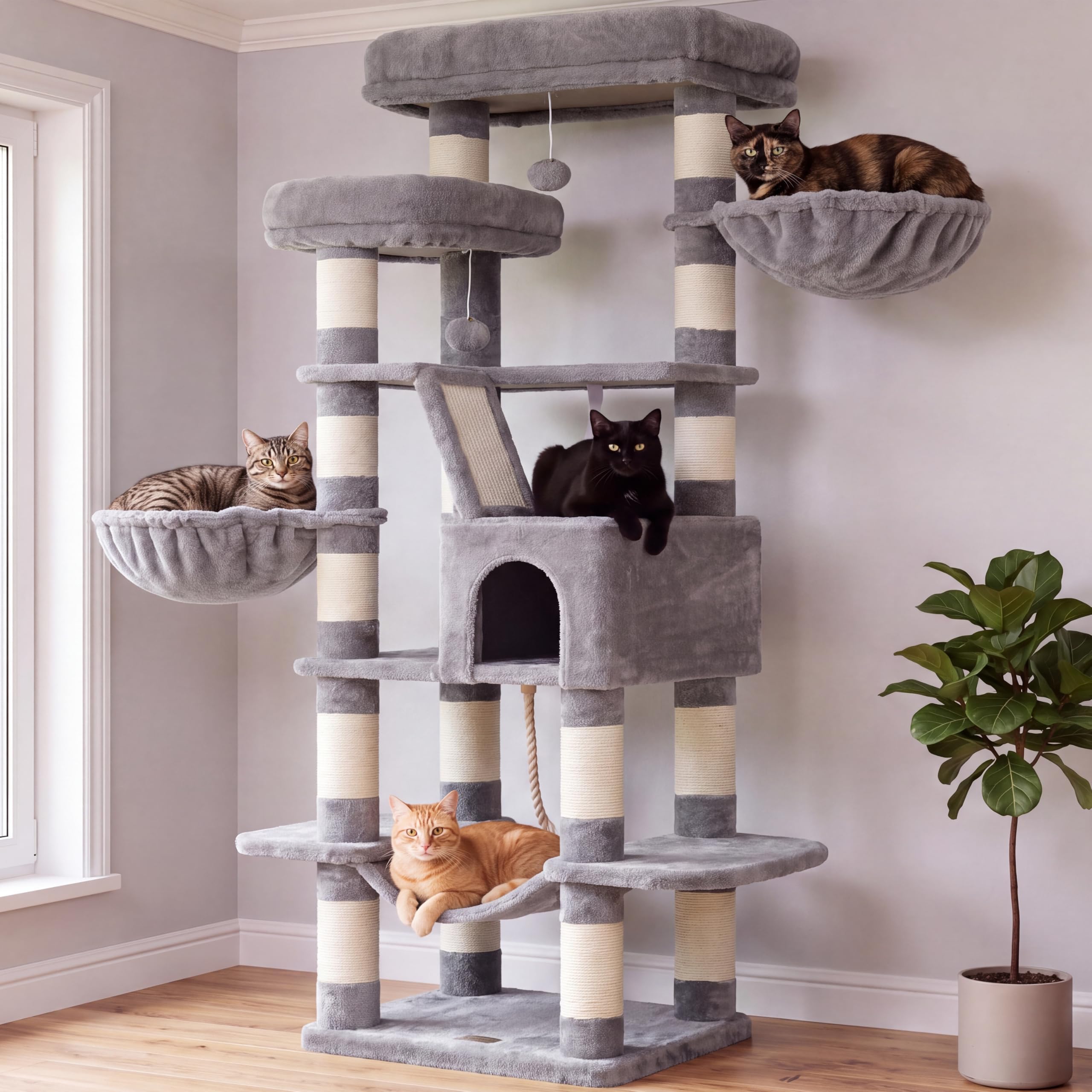 Heybly Cat Tree, 68 inch Multi-Level Cat Tower for Indoor Cats HCT025W