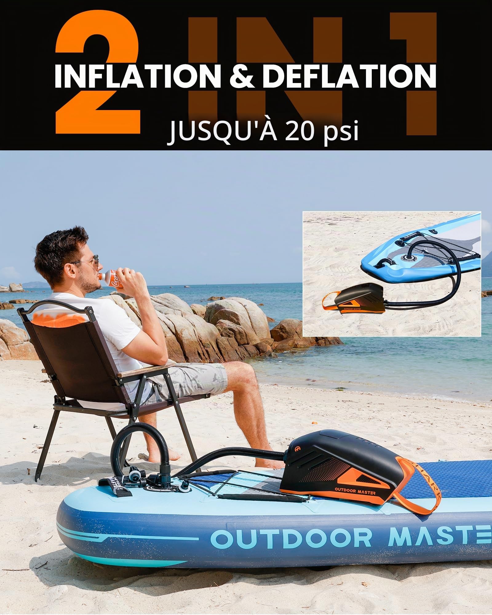 OutdoorMaster Shark 3 Pompe à Air Électrique, 3'50" Inflation Rapide, 20 PSI Pompe Sup Rechargeable 74 Wh, Arrêt Automatique et Déflation, Entrée 12V/15,8V DC et Type-C, 8 Embouts pour Gonflables