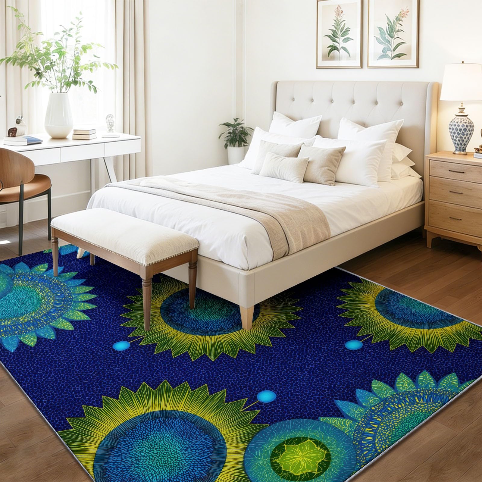 Böhmen Zusammenfassung Teppich 120 x 170 cm Teppich Wohnzimmer Blaues Sonnenblumenmuster Kurzflor Waschbarer Teppiche Schlafzimmer Wohnzimmerteppich rutschfest Teppiche für Kinderzimmer Esszimmer