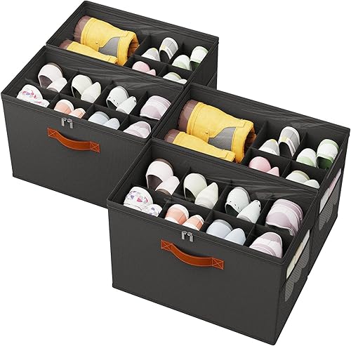 Miniatura 12 de Paquete de 2 organizadores de zapatos para armario, organizador plegable de almacenamiento de zapatos con divisores ajustables, caja de Negro-