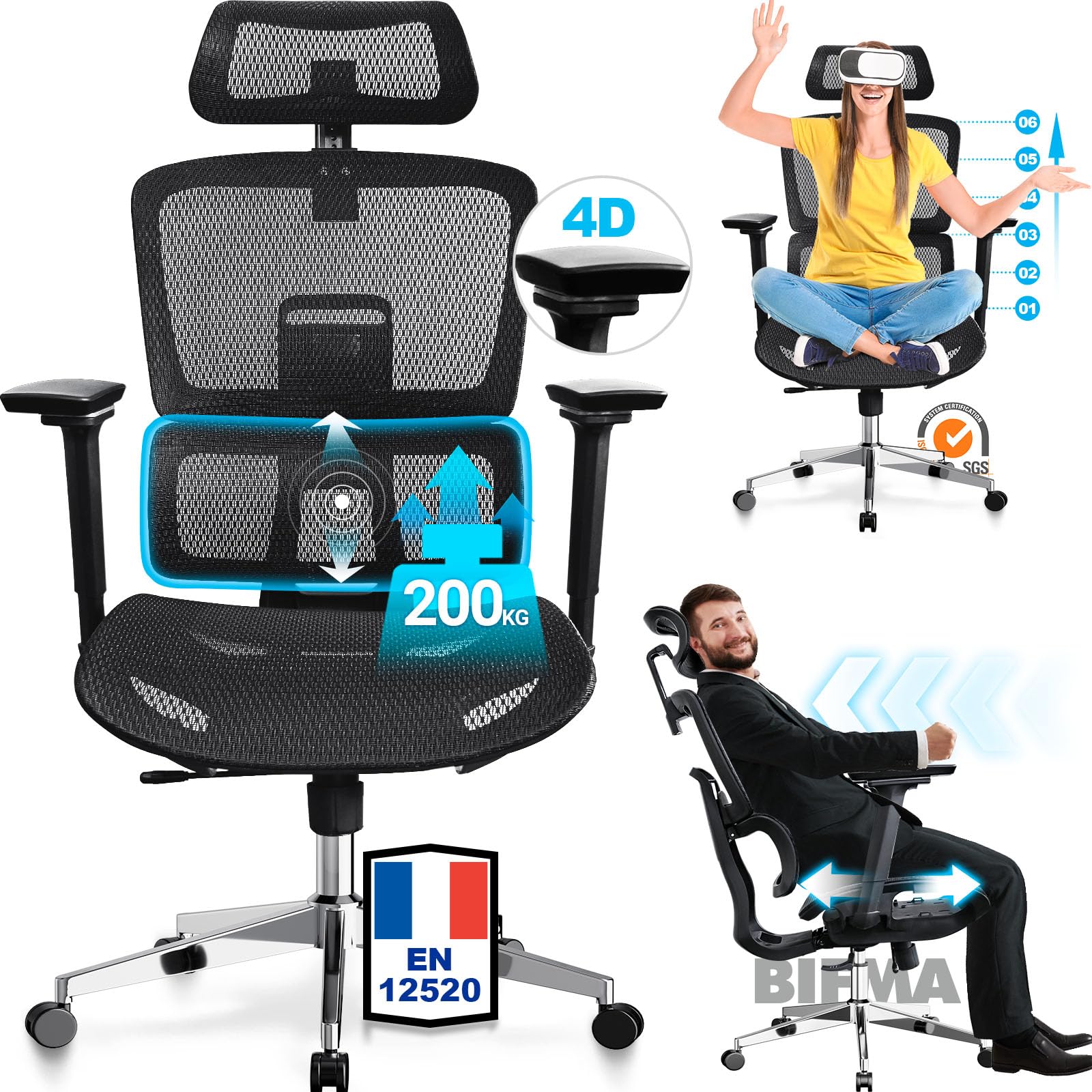 Fauteuil De Bureau Ergonomique MELOKEA - 200 Kg - Accoudoirs 4D - Roulettes Silencieuses