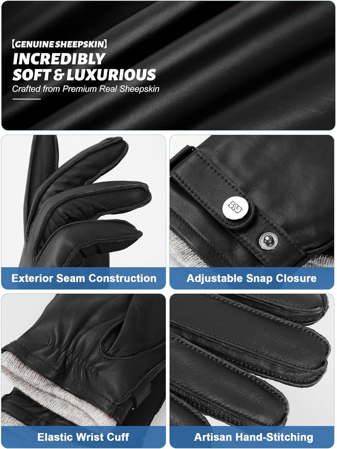 GSG leather gloves for men Sheepskin Classic Driving Gloves Winter Touchscreen Wool Lined Warm Gloves - Image 4